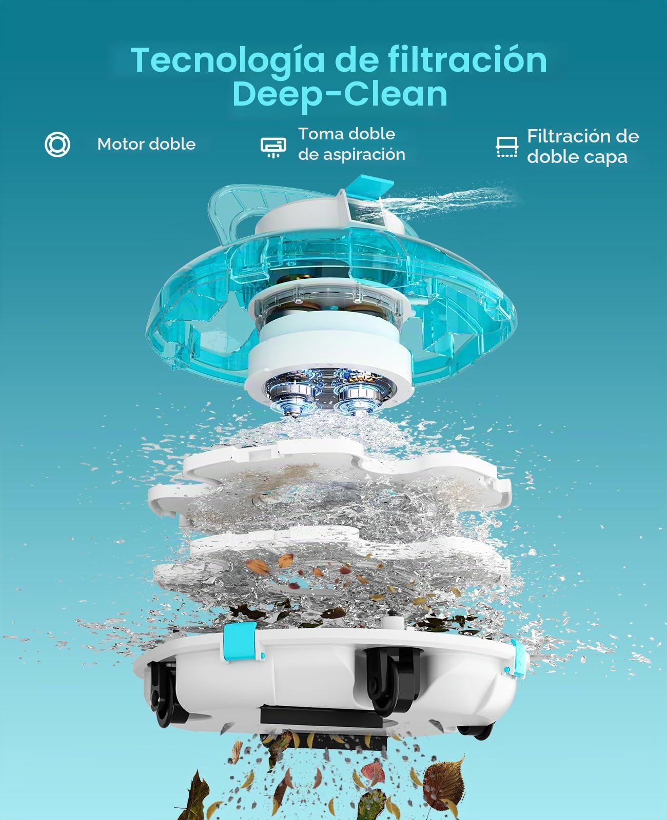 WINNY POOL CLEANER Winny 200 – Robot Limpiafondos Inalámbrico, Doble Filtración, Estacionamiento Aut., 75 Min Autonomía, Piscinas Desmont. hasta 60 M², Compacto Y Ligero(Transparente Azul)