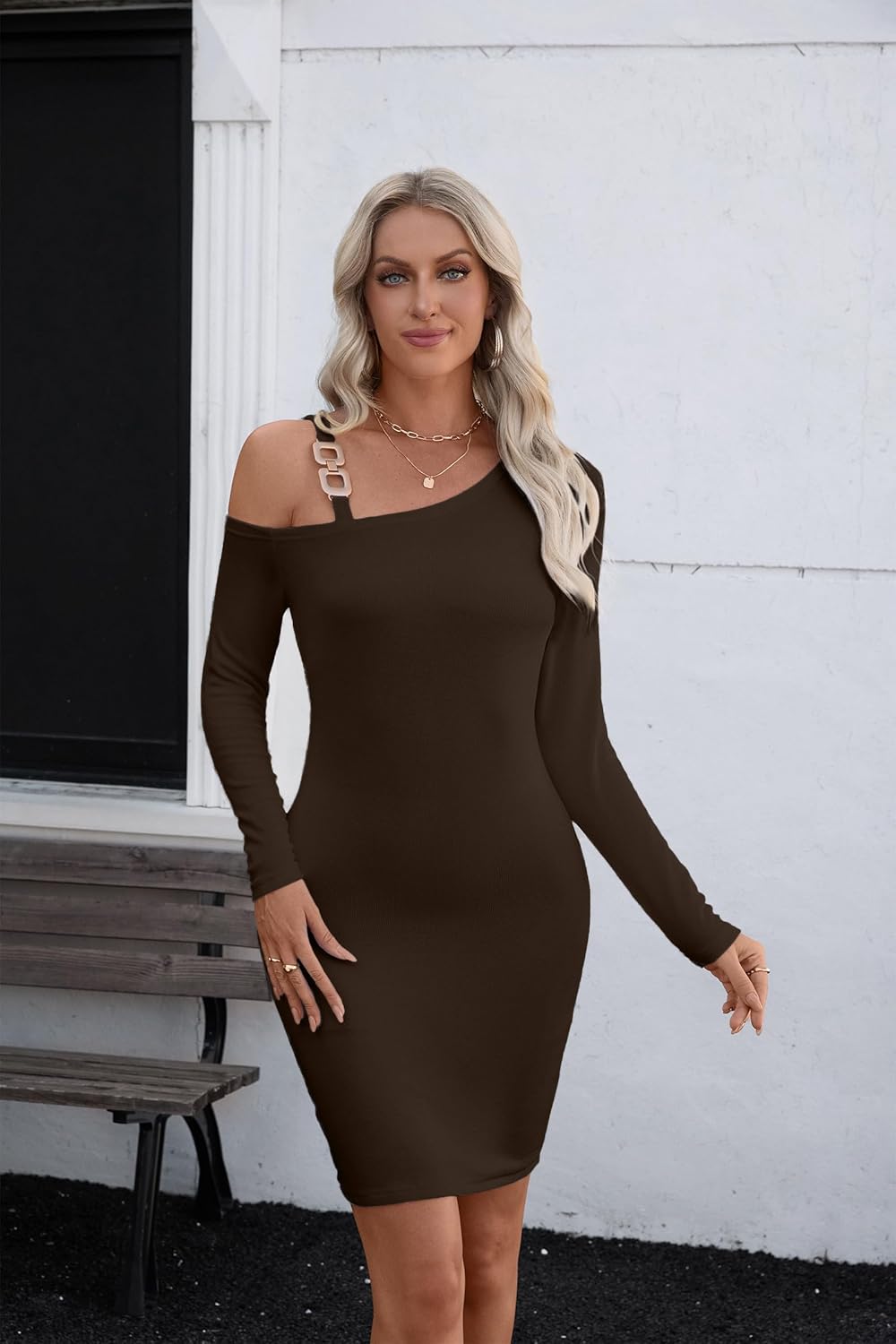 Valiamcep Womens Long Sleeve Dress Fall Off The Shoulder Ribbed Knit Slim Fitted Bodycon Mini Pencil Dresses Fashion Outfits - Image 7