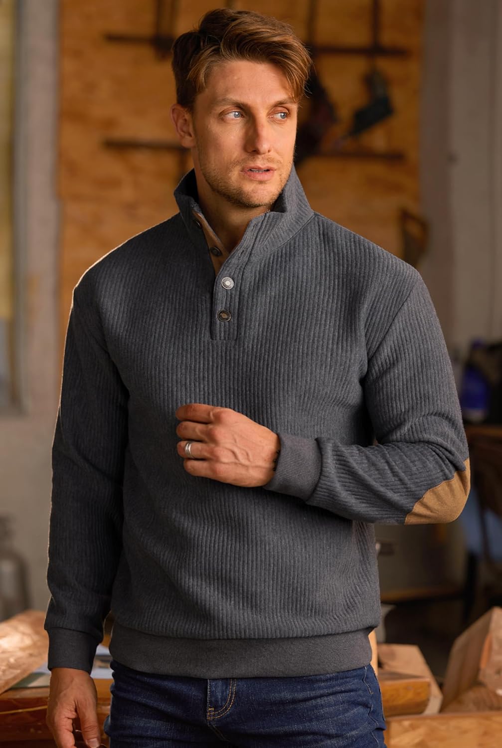 Men's Textured Sweatshirt Fleece Lined Thermal Elbow Patches Heavyweight Pullover - Image 3