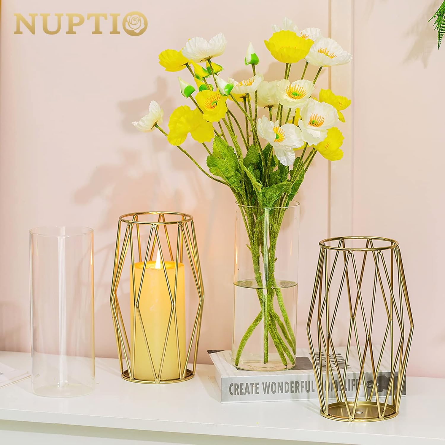 Nuptio Gold Pillar Candle Holder: Glass Hurricane Candles Holders with Geometric Metal Rack Stand for Wedding Birthday Party Centerpieces - Decorative Flower Vase for Office Living Room