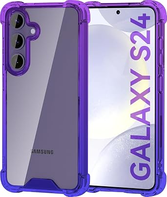 KIOMY Clear Case for Samsung Galaxy S24, Shockproof Bumper Protective Cover Hard PC Back + Flexible TPU Raised Bezel Hybrid Design Slim Fit with Airbag Corners Cute Gradients Purple Blue Color