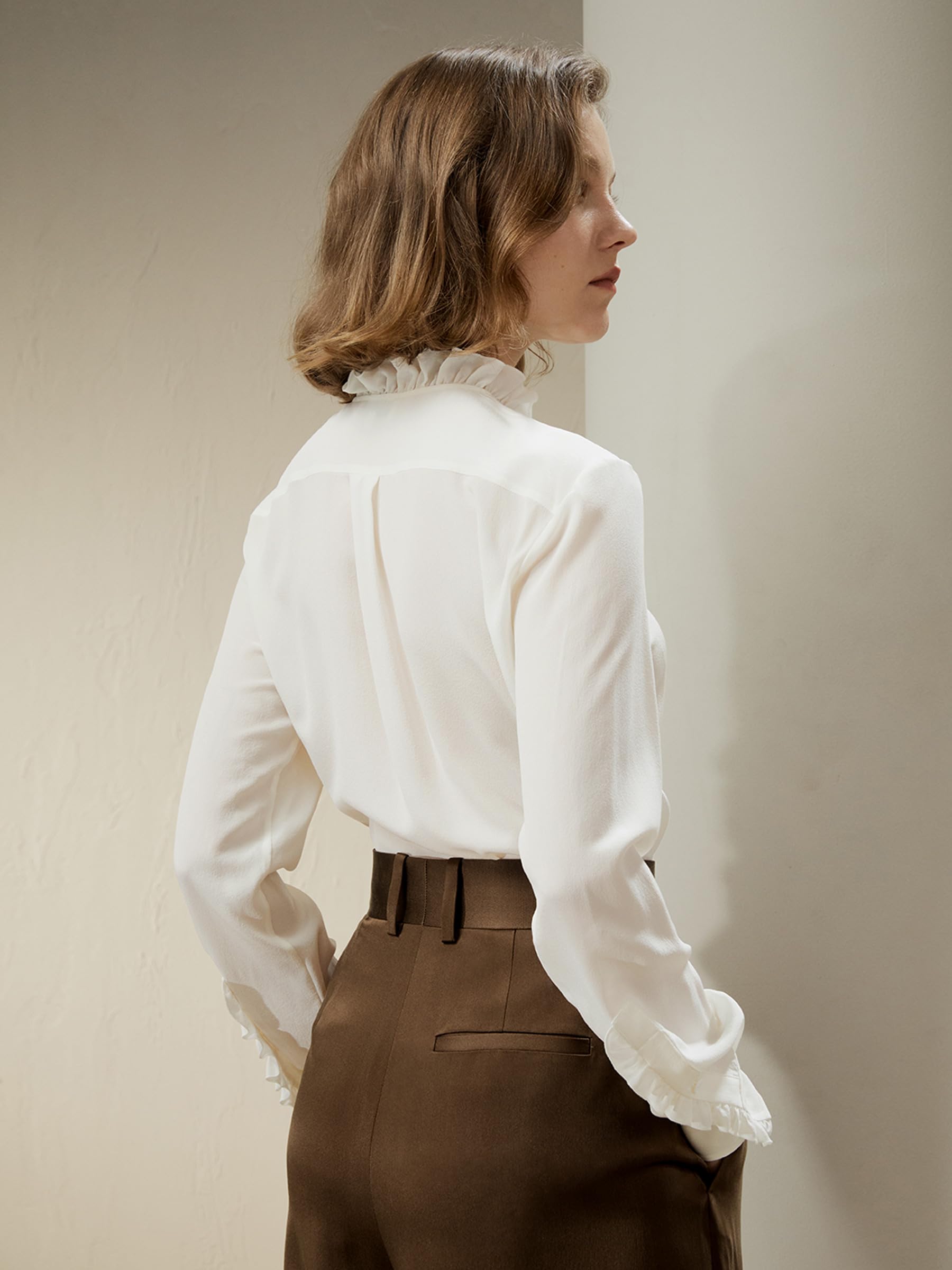LilySilk Damen Seidenhemd Frauen 100% doppellagige Crêpe Seidenbluse mit dekorativen Rüschen für Freizeit