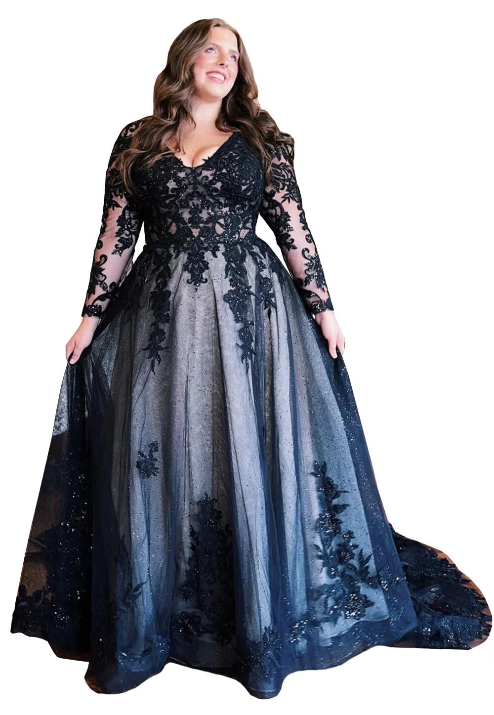 Mauuwy Long Sleeve Wedding Dresses for Bride Plus Size Wedding Gowns for Women Lace Black Bridal Gown with