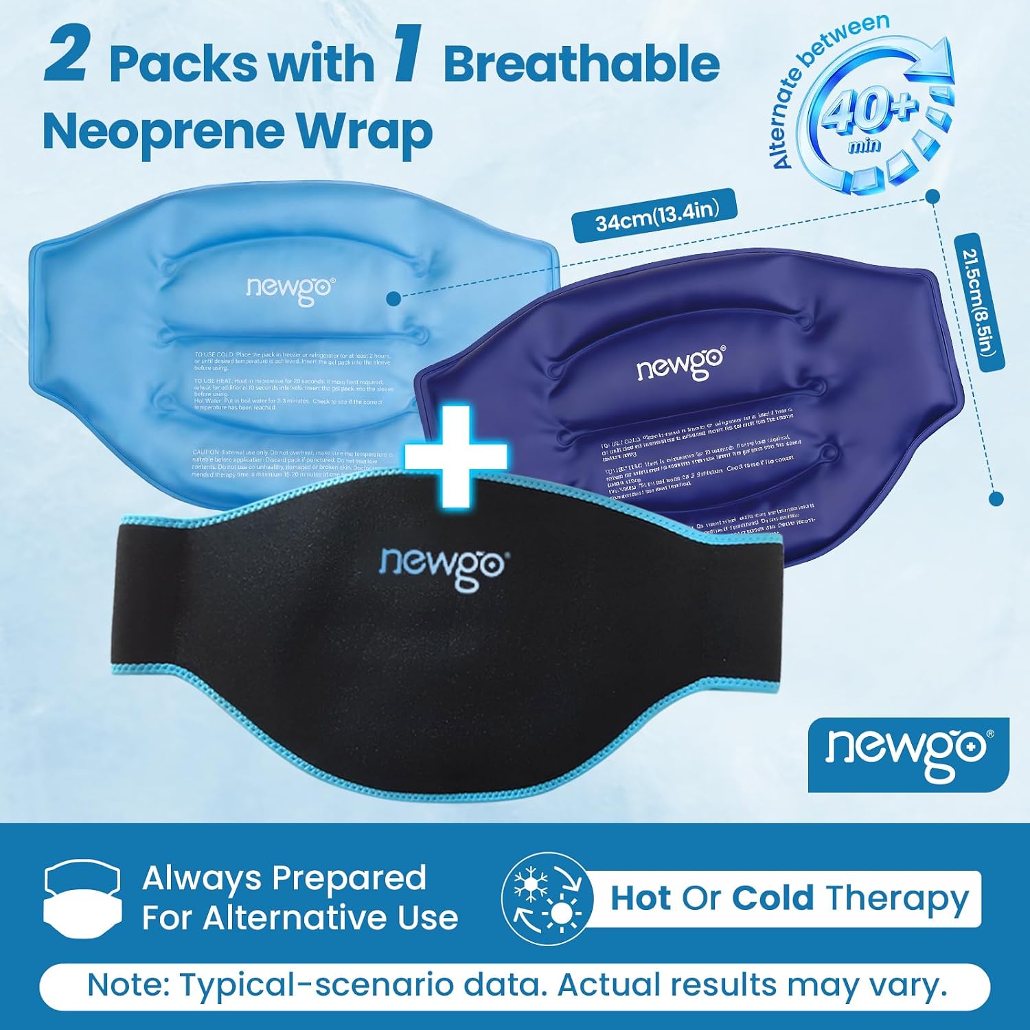 NEWGO Gel Ice Pack for Back Injuries and Pain Relief, 2 Pack Lower Back Ice Pack Wrap for Hot Cold Therapy, Lumbar Surgery, Sciatica, Herniated Disc, Coccyx Tailbone Pain - Black