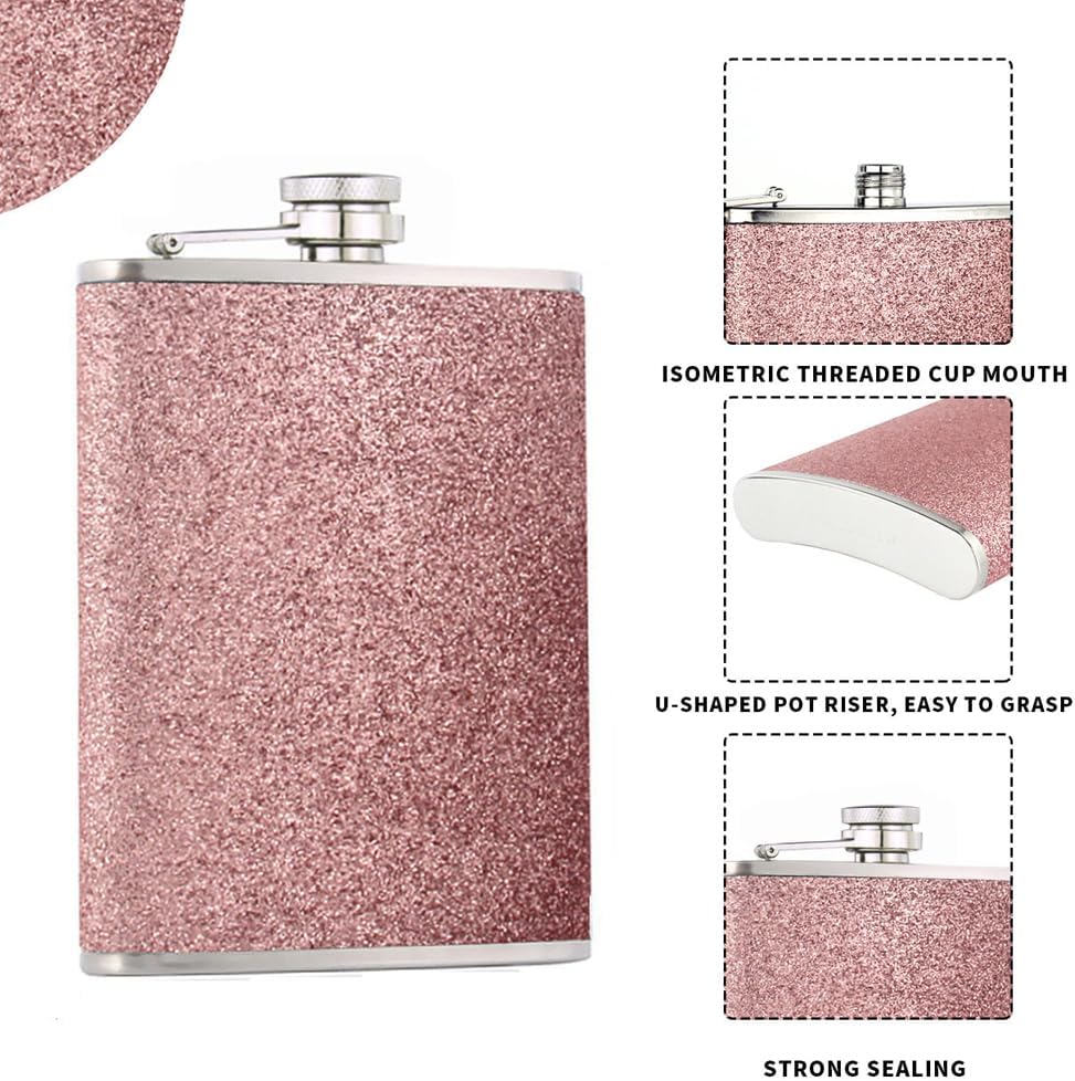 8 Oz Stainless Steel Glitter Hip Flask with Never‑Lose Attached Cap