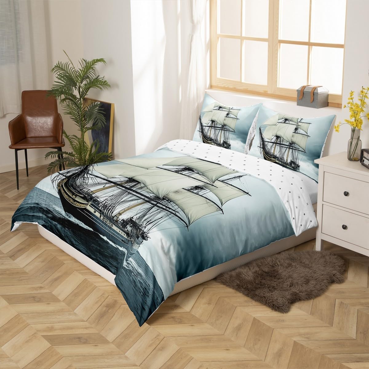 Nautical Duvet Cover Queen Size Retro Sailboat Bedding Set for Boys Teens Kids Child,Ocean Theme Comforter Cover Ocean Boat Bedclothes,Pirate Ship Bedroom Decor Vintage Style