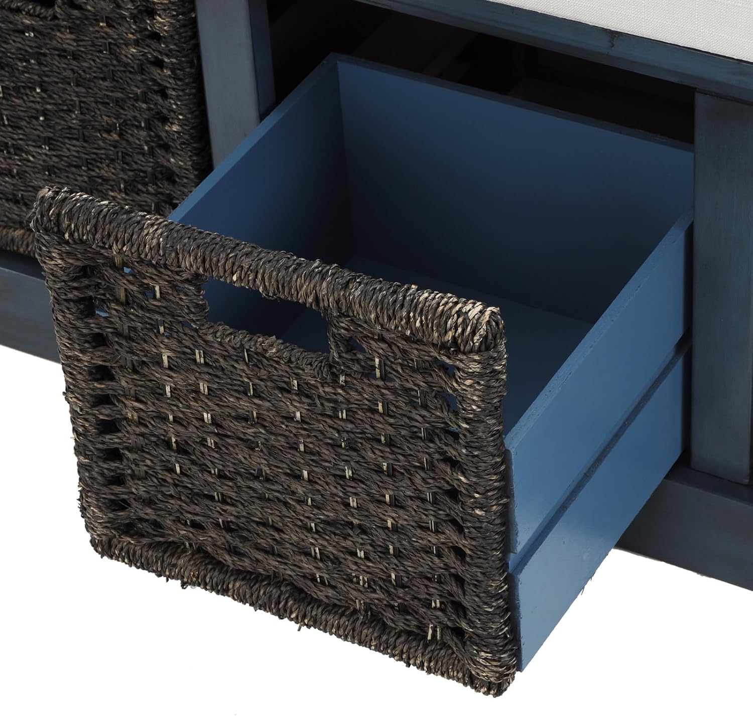 OCMC 1PC Rustic Storage Bench with 3 Rattan Baskets Entryway Bench Antique Navy Solid Wood