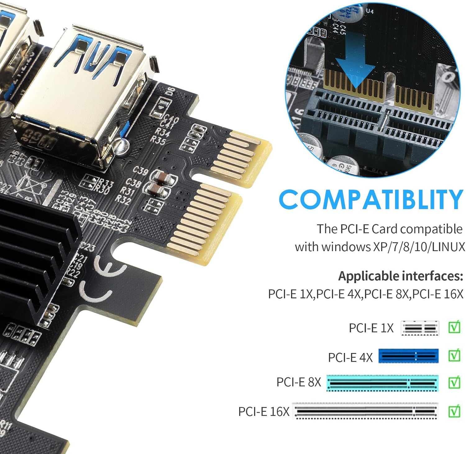 PCIE to USB 3.0 4-Port Expansion Card,PCI Express USB Add in Card, Internal USB3 Hub Converter for Desktop PC Adapter Support Windows 10/8/7/XP and MAC OS (4-Port Expansion Card)