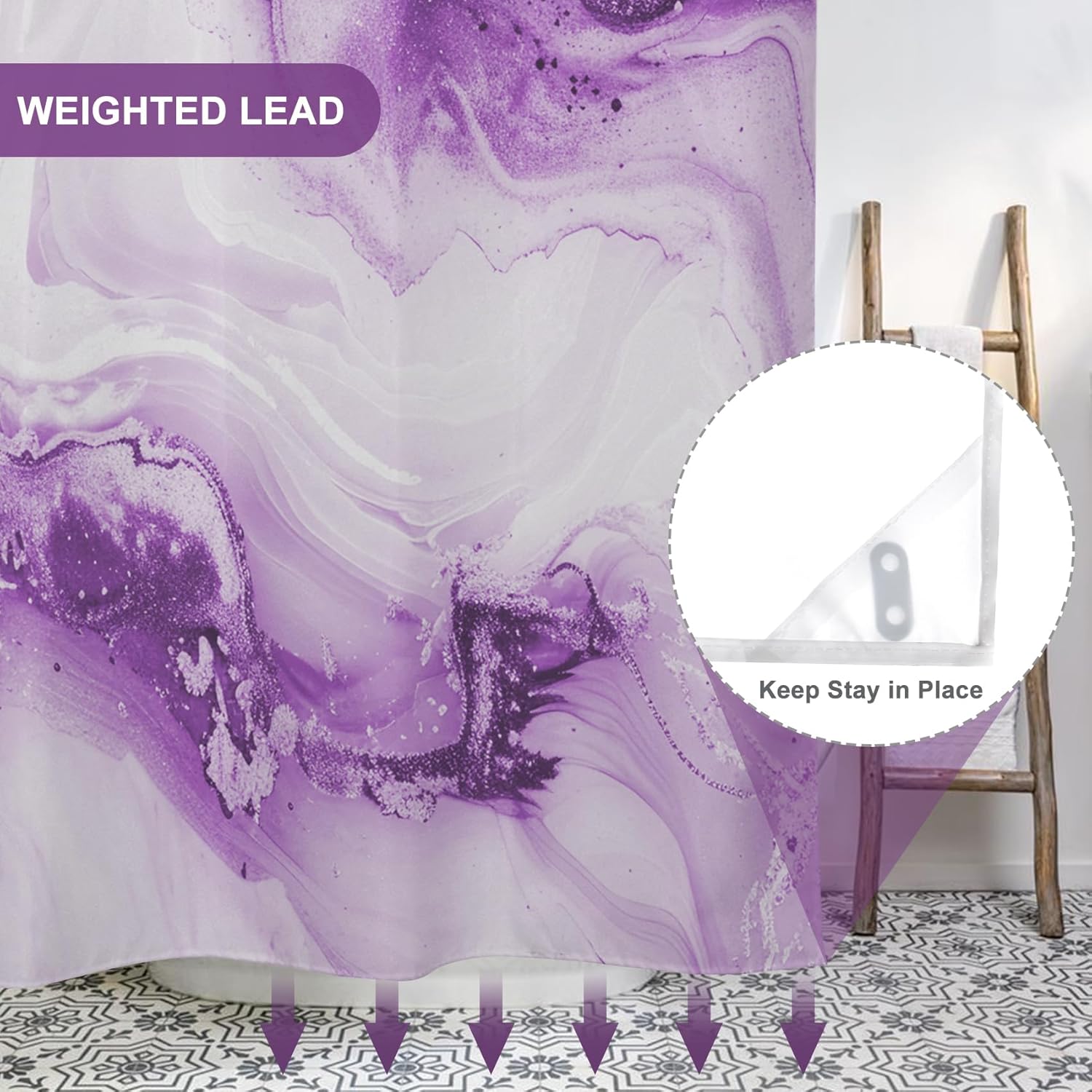No Hook Shower Curtain with Snap in Liner Violet Marble Modern Crack Ink Texture Double Layers Shower Curtain Waterproof Fabric See-Through Top Window Bathroom Decorative 71x74inch