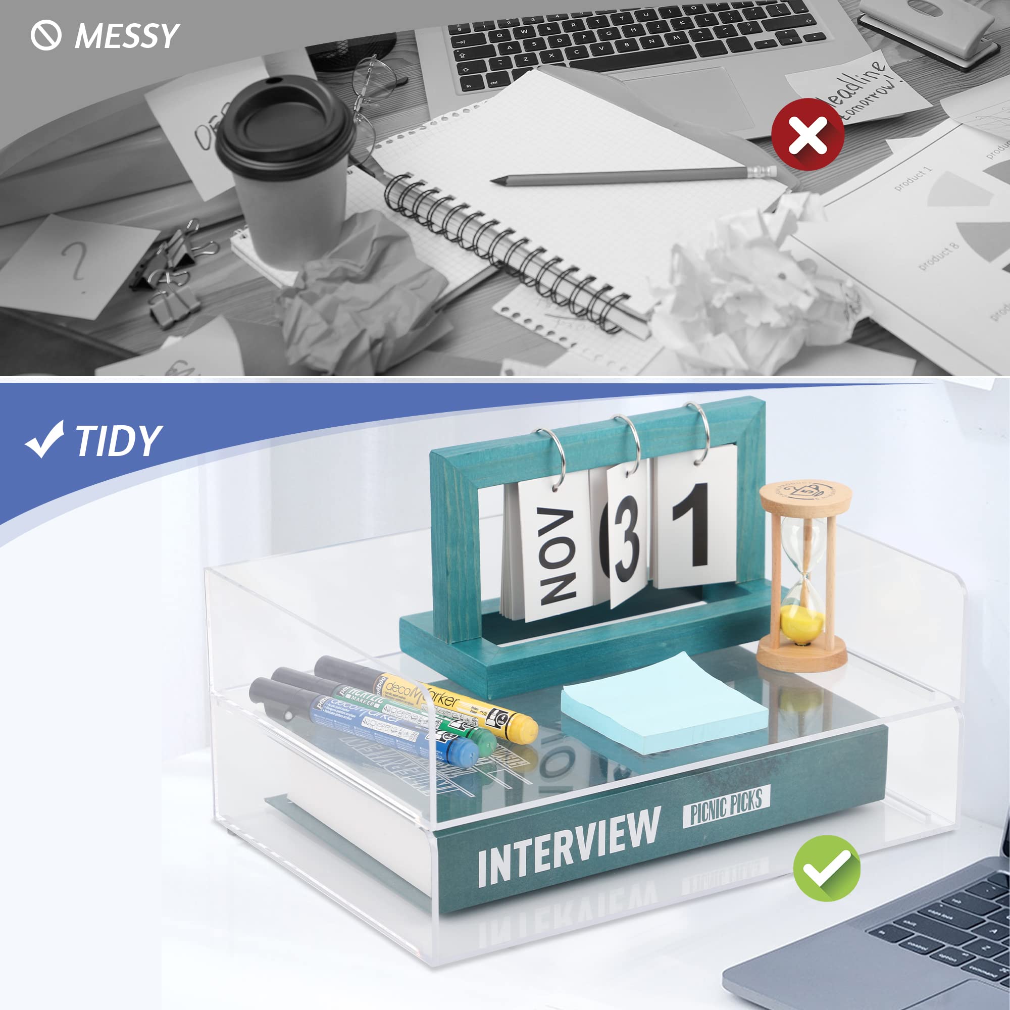 Acrylic Stackable Letter Tray, HANDYAY Desk Organizer Clear Paper Tray Clear Acrylic Desk Organizers and Accessories for Office/Home - 2 Pack