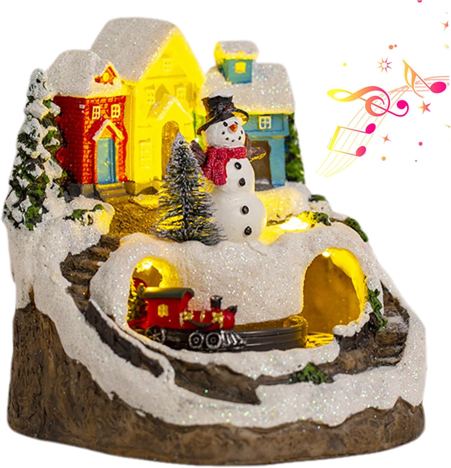 Christmas Decorations Christmas Village Figurines Electric Village House with Spinning Train 8 Music & LED Light Town Sets for Party Home Decor Snowman