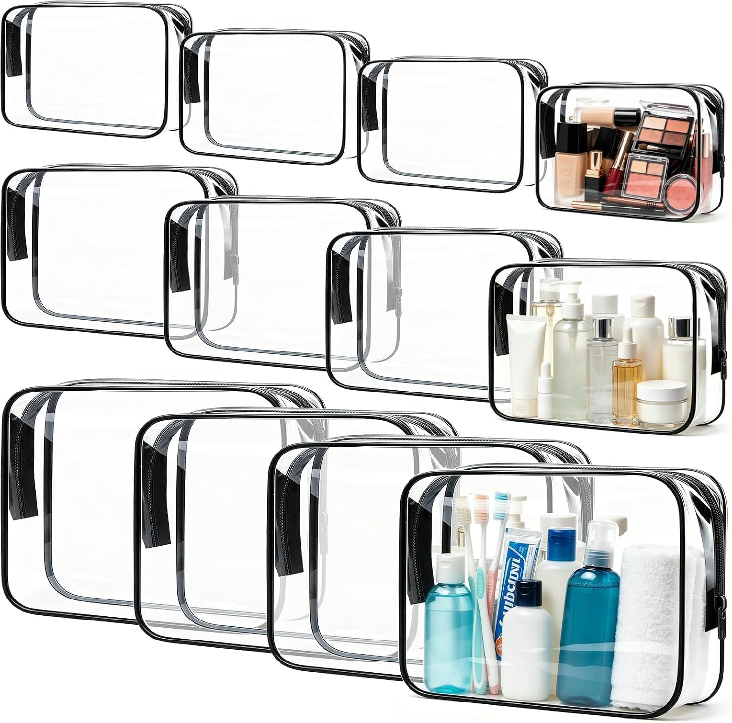 12 Pack Clear Toiletry Bags, TSA Approved 3 Sizes Waterproof PVC Cosmetic Bags with Black Zipper, Transparent Makeup Organizer Pouches for Travel, Gym, Bathroom, Airline Carry On