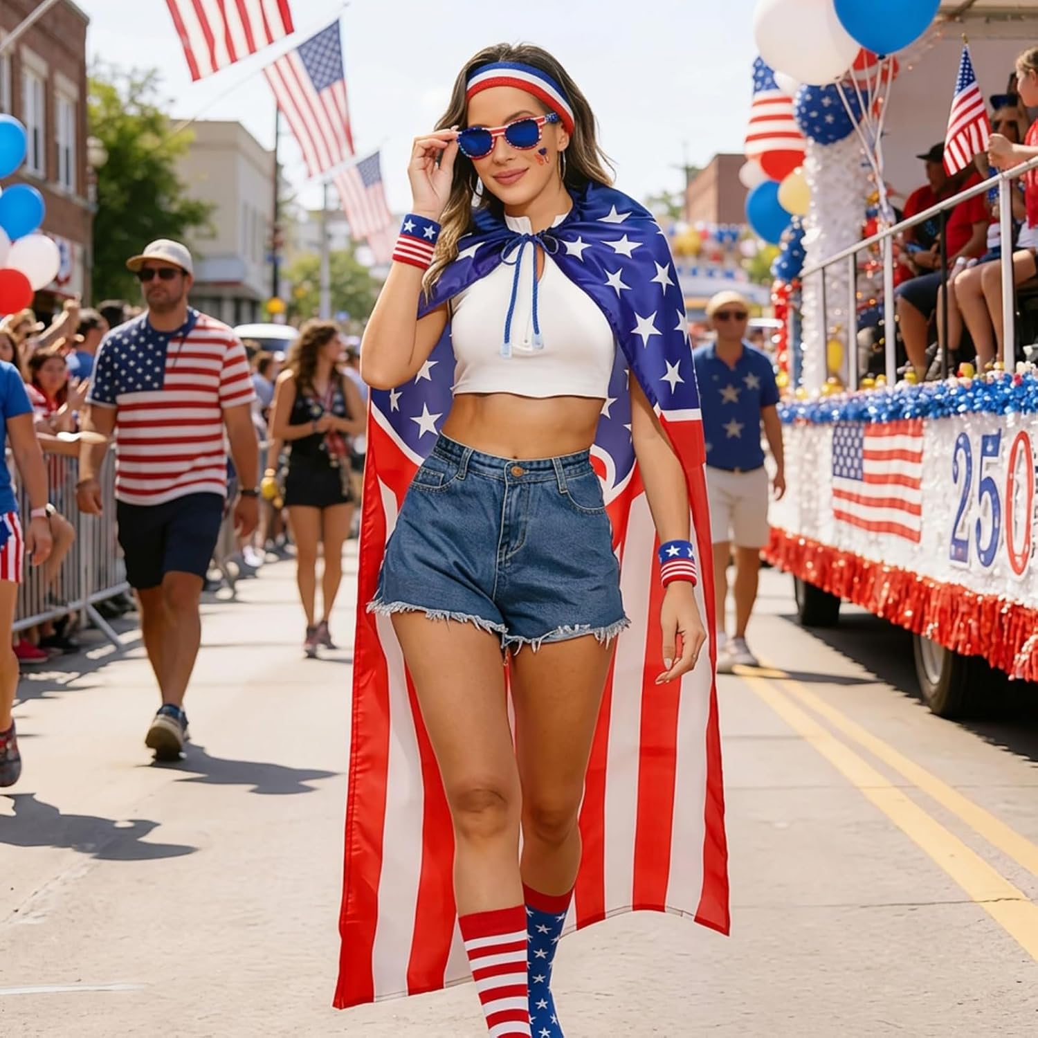 American Flag Costume Cape 4th of July Accessories for 250th Anniversary American Flag Headband Wristbands Sunglasses and Socks for Independence Day