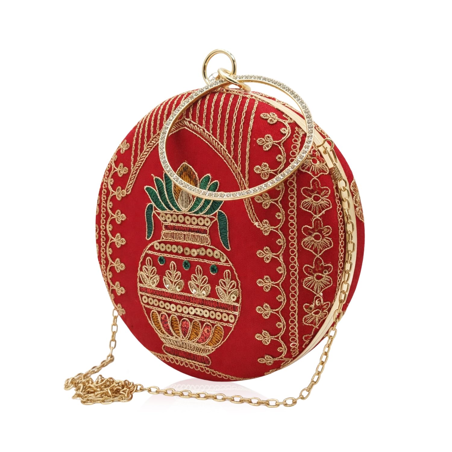 Royal Red Round Embroidered Clutch-image-45