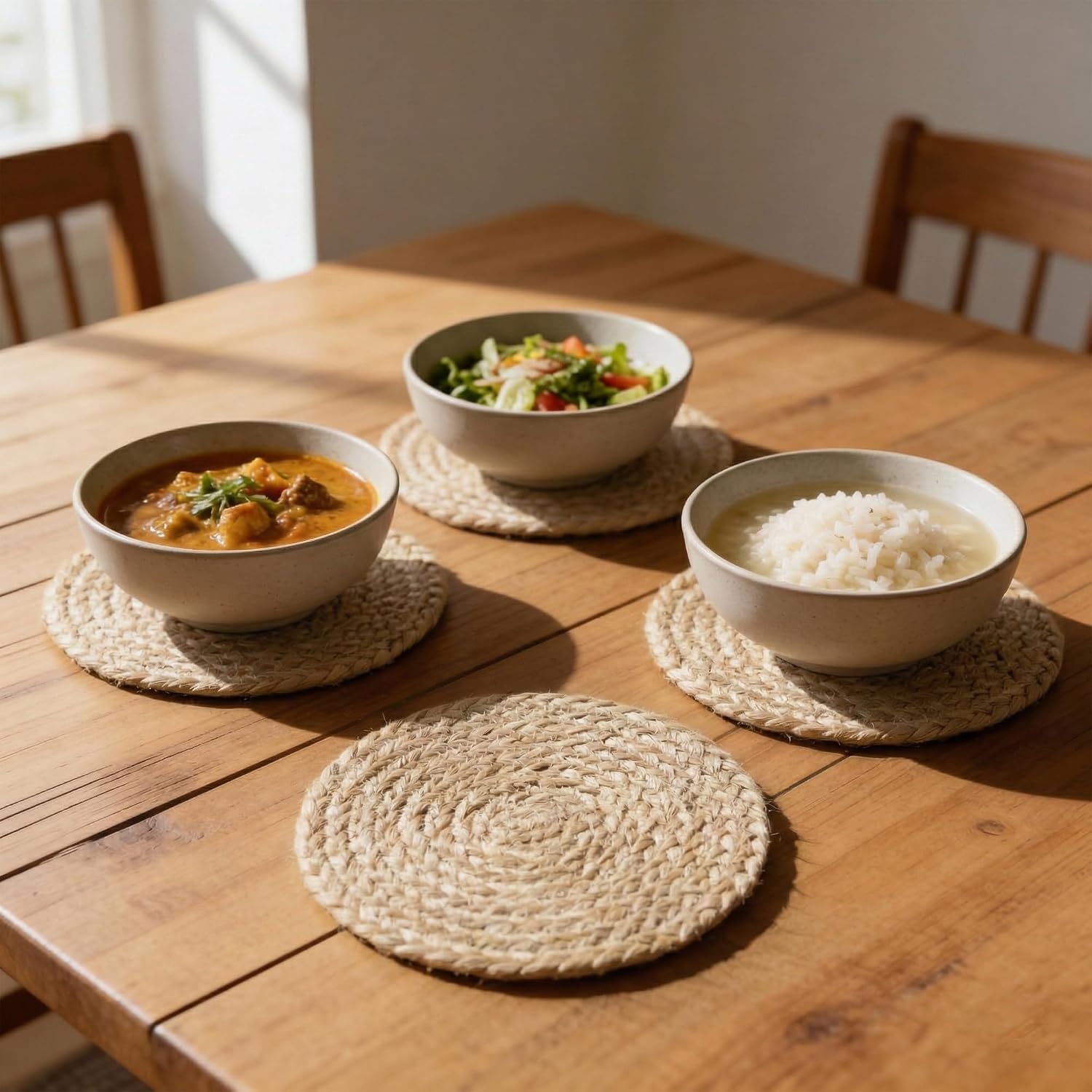 Encasa XO Round Trivets, Heat Resistant Pot Holders 7" | Jute Natural Bleach, Handmade Jute Material | Hot Dish & Cookware Table Protector | Durable Woven Kitchen Placemats
