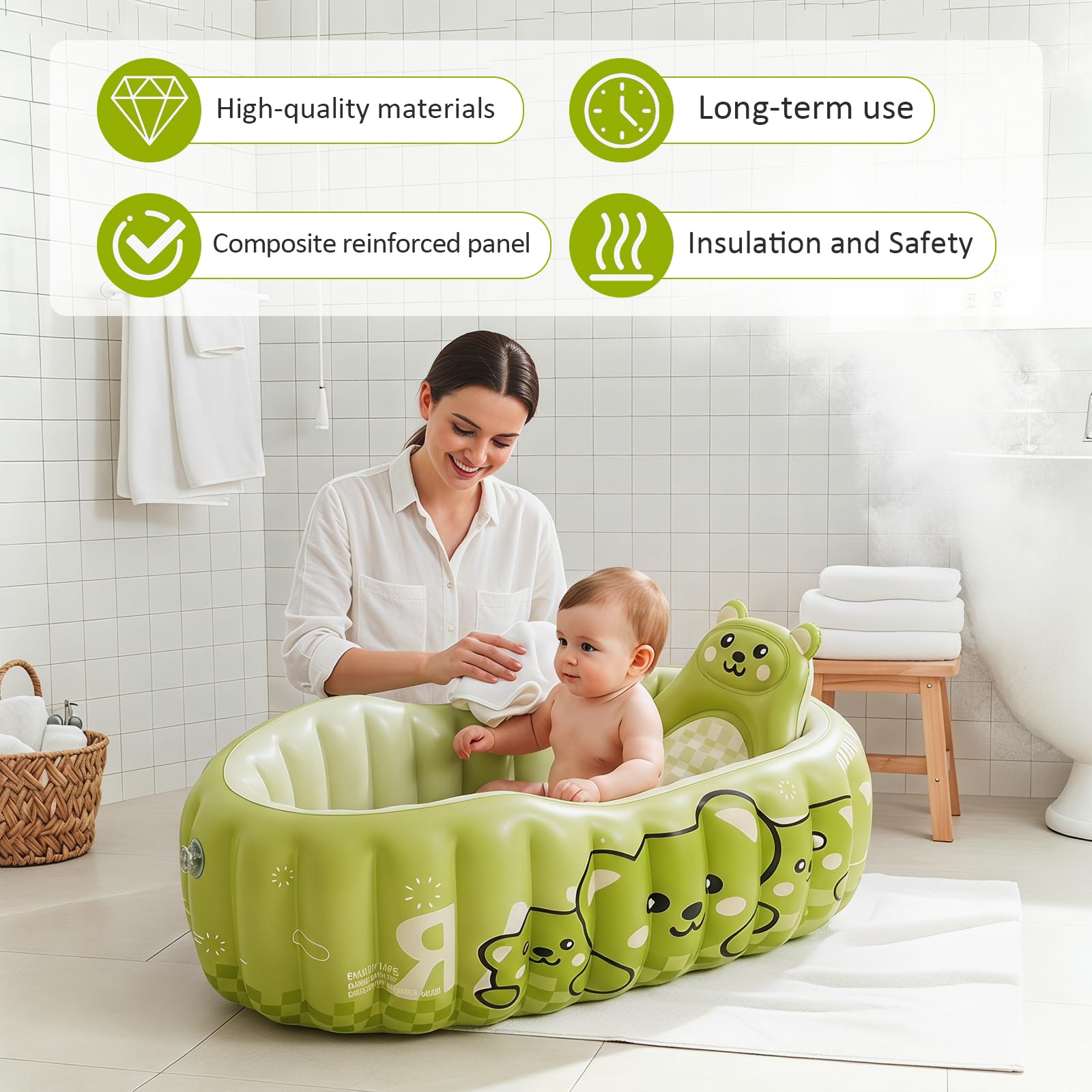Bañera hinchable para bebés con respaldo y bomba de aire, bañera antideslizante para niños pequeños para viajes y hogar, bandeja de ducha portátil con asiento para 0-18 meses (verde)