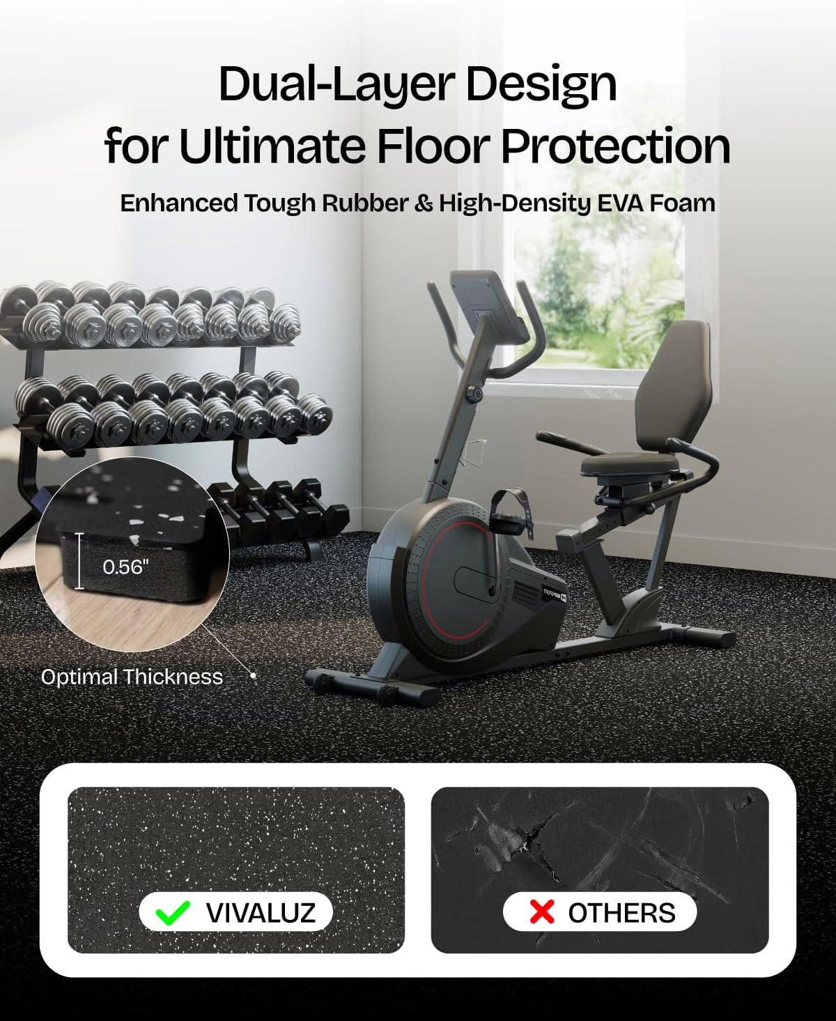 0.56 inch thick 48 sq ft gym flooring for home gym, 12 tiles robust rubber top with eva foam exercise equipment mats, protective flooring puzzle mat for fitness room 48 sq ft (12 tiles)