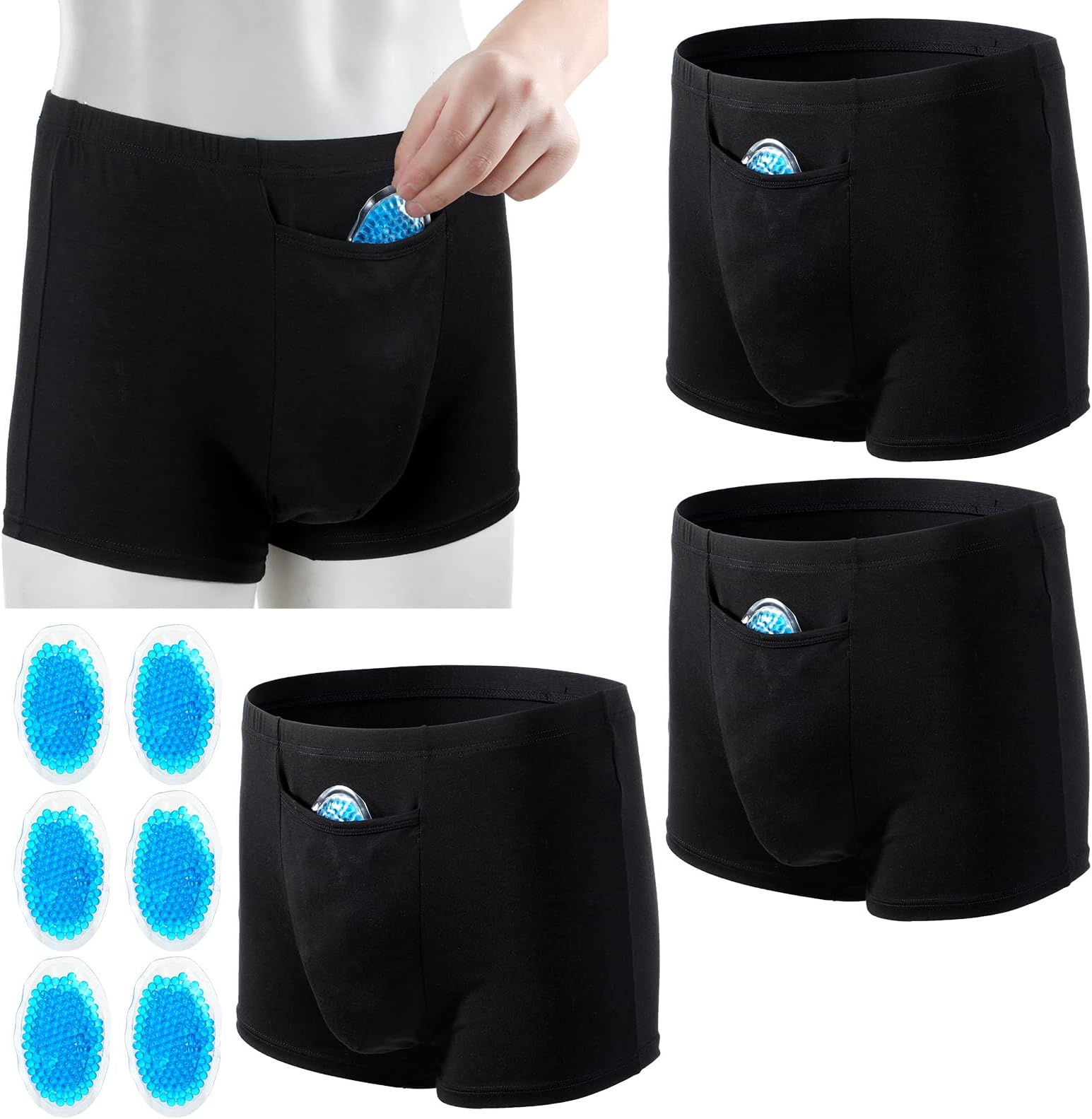 Sintege 9 Pcs Vasectomy Underwear Set Include 3 Pcs Black Men Vasectomy Underwear and 6 Pcs Cold Pack, Breathable Briefs Vasectomy Gifts for Men Jock Testicular Support Pain Relief (L Size)