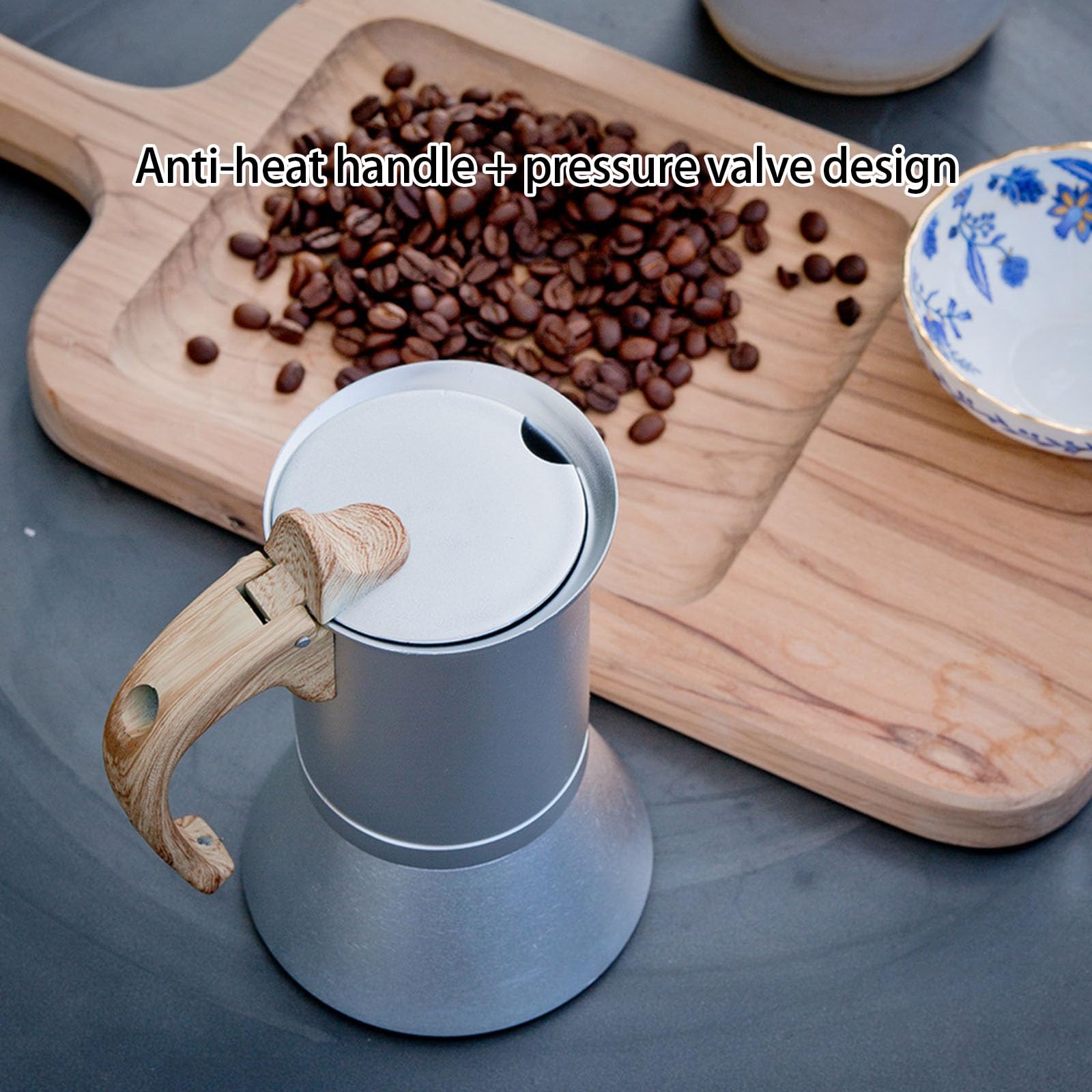 Caffettiere portatili con capacità di 3 tazze Base in lega di alluminio Caffettiera con manico in legno Moka Pot Stovetop Espresso Maker