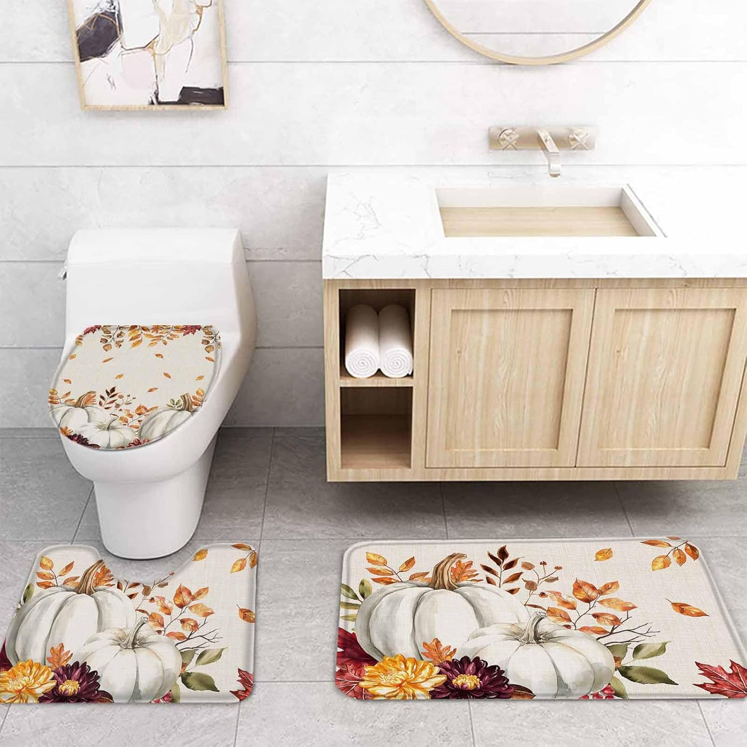 White Pumpkin Fall Bathroom Set with Shower Curtain and Rug and Accessories - 72x72 Inches Long Thanksgiving Eucalyptus Leaves Linen Bathtub Floor Runner Rug Set Bathtub Curtains with Bath Mat