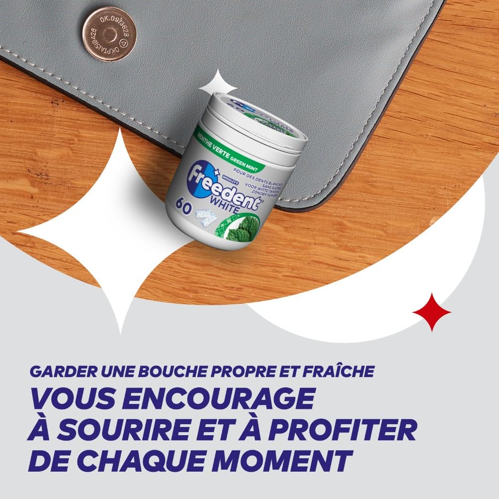 FREEDENT WHITE Chewing Gum Sans Sucre Goût Menthe Verte 1 Boîte 60 Dragées Grand Format