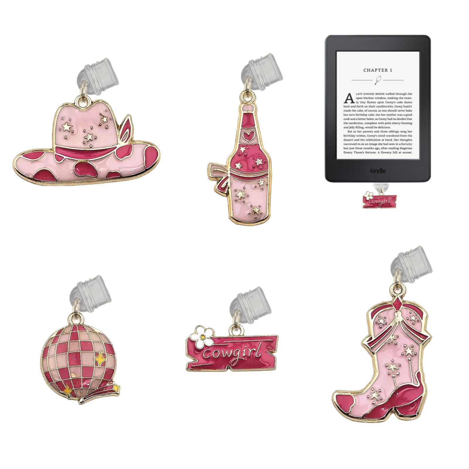 Bolkine 5 Pcs Dust Plug Charms for Kindle, Pink Cowgirl Style Charm Compatible with E-Reader and Smart Devices Type C/USB C Charging Ports, Decorative