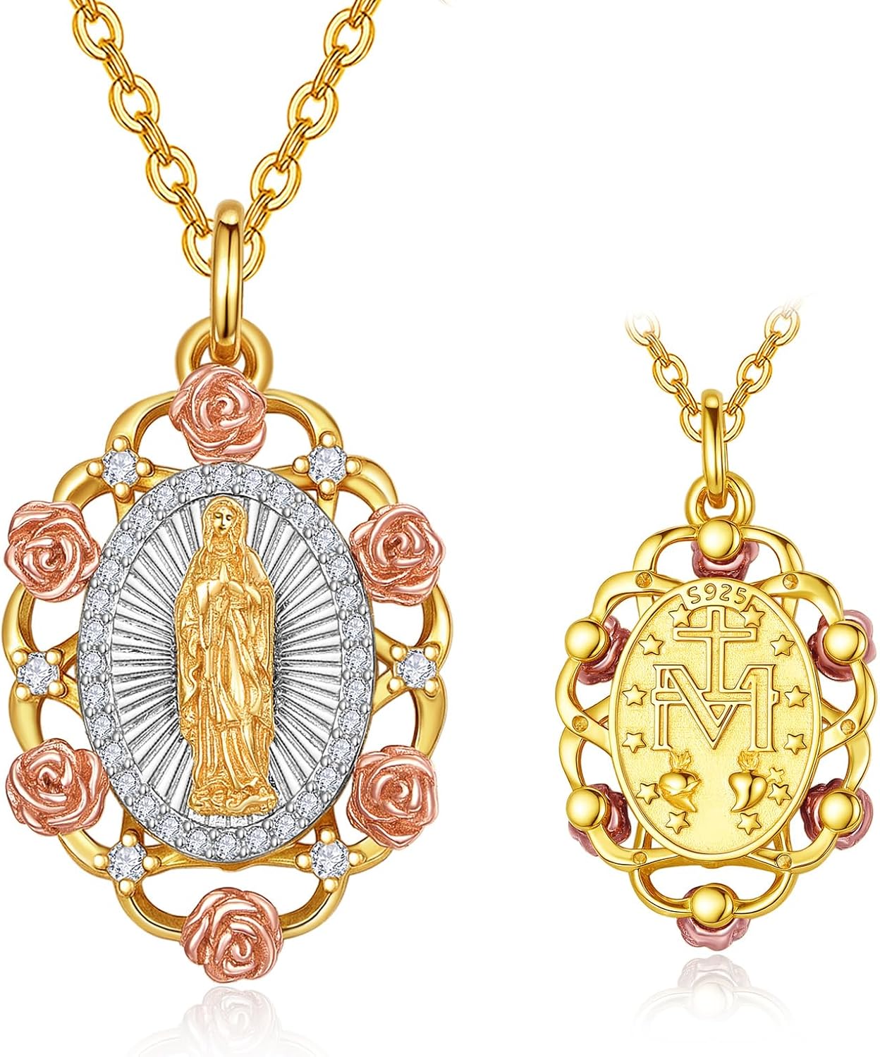 AENEAS Virgin Mary Necklace for Women Gold Plated Sterling Silver Our Lady of Guadalupe Pendant Rose Flower Miraculous Medal Jewelry Gift for Mom Wife