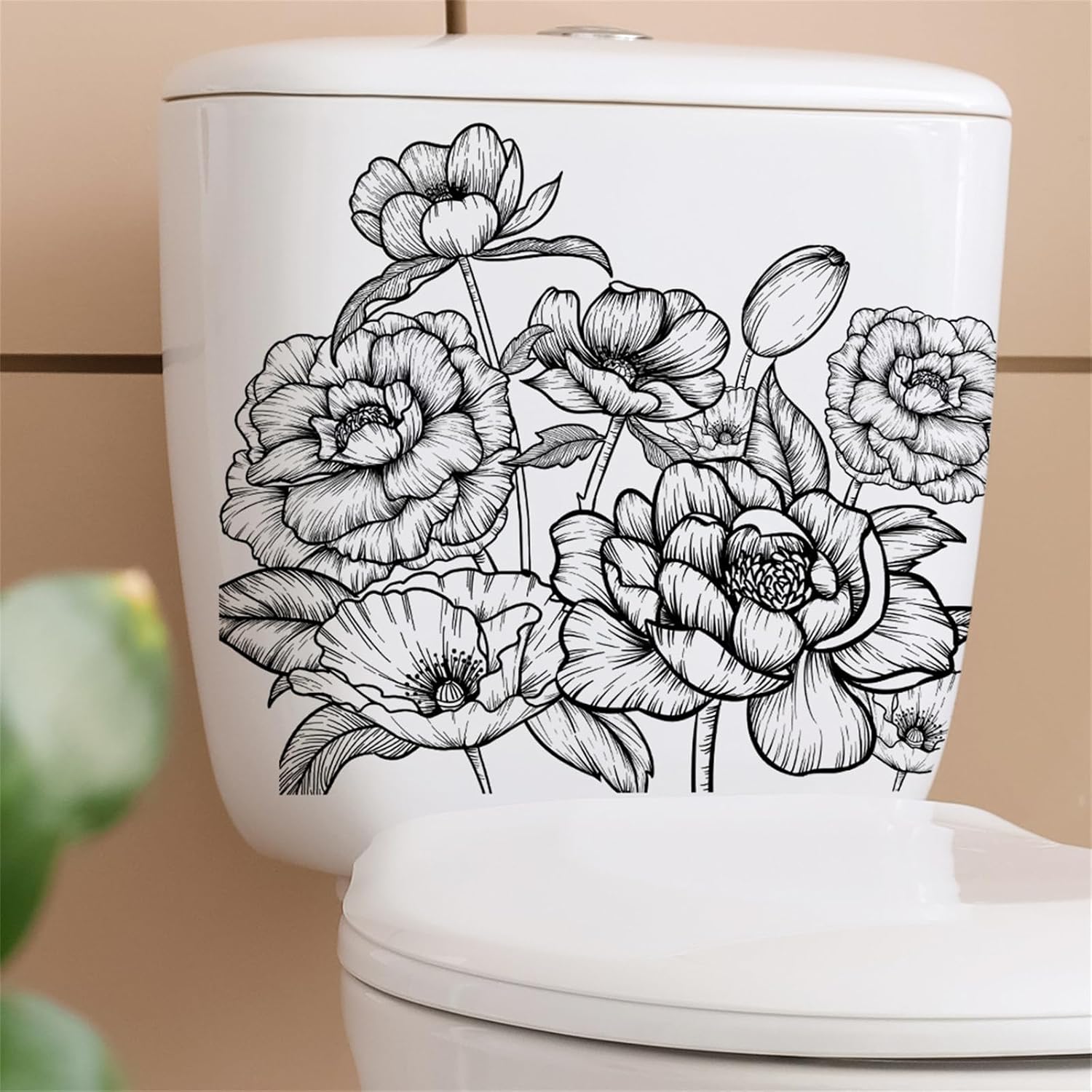 Black Plain Flowers Toilet Lid Stickers Bathroom Wall Sticker Peel and Stick Monotone Toilet Stickers Toilet Seat Lid Cover Decor Decal Removable Bathroom WC Restroom Decoration Wall Wall Art Murals