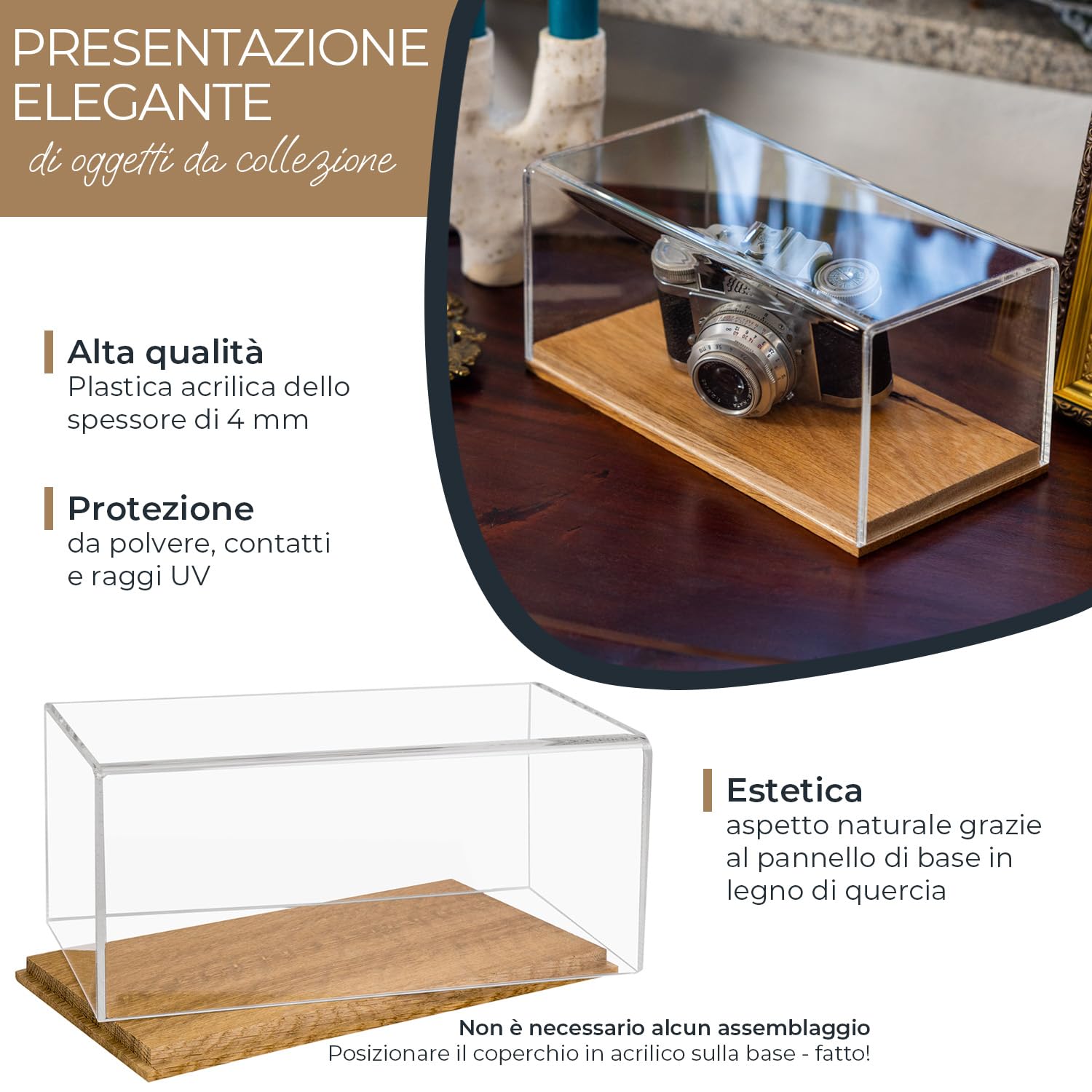 HMF 46873 Vetrina espositiva, Vetrina acrilica con base in legno per figurine | 30 x 15 x 14 cm | Trasparente