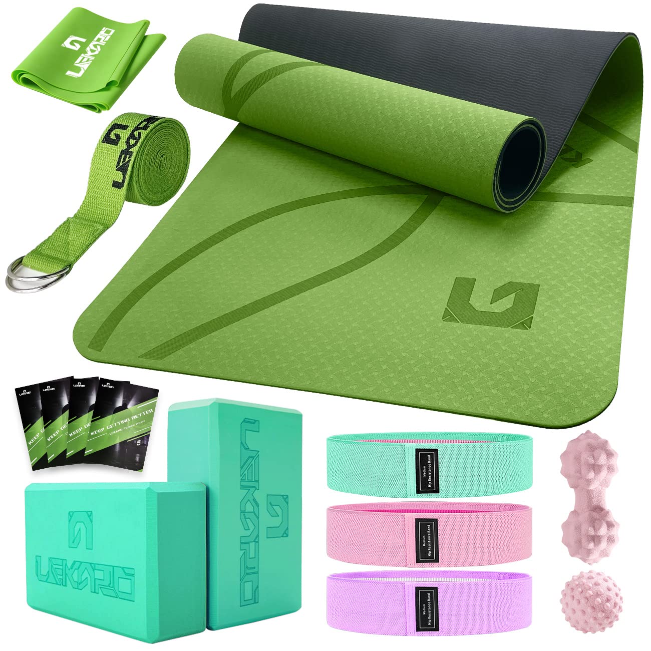 14 Piece Yoga Set, Yoga Starter Kit for Beginners Pilates & Stretching, Yoga Accessories for Women Men Exercise, Fitness, Physical Therapy, Back Pain Relief and Deep Tissue Muscle Massage