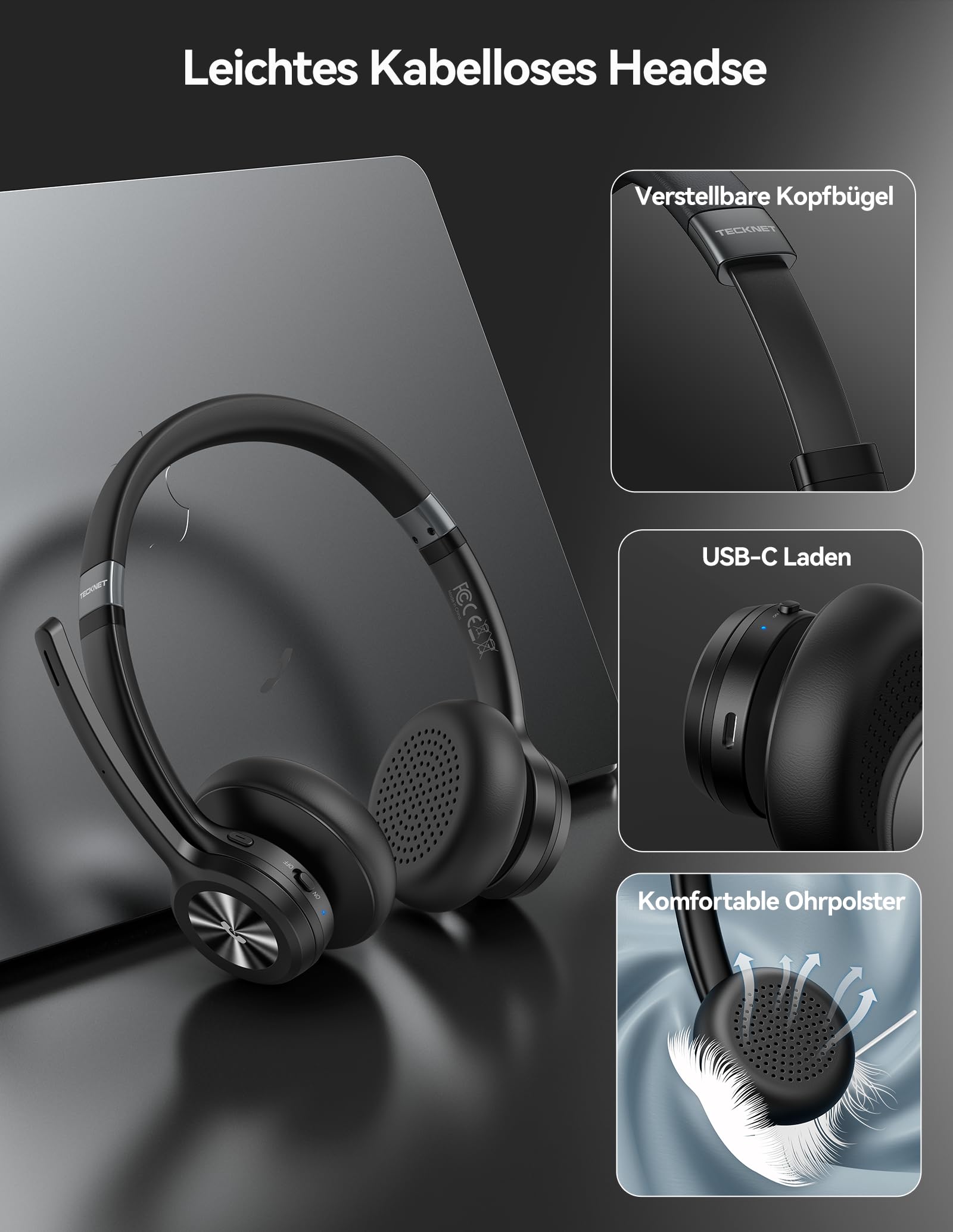 TECKNET V5.2 Bluetooth Headset mit Mikrofon, Wireless Headset mit Noise Cancelling und Stummschaltung Mikrofon, Wiederaufladbar On-Ear Kopfhörer kabellos für Trucker/Callcenter/Büro - 50+ Std. Akku