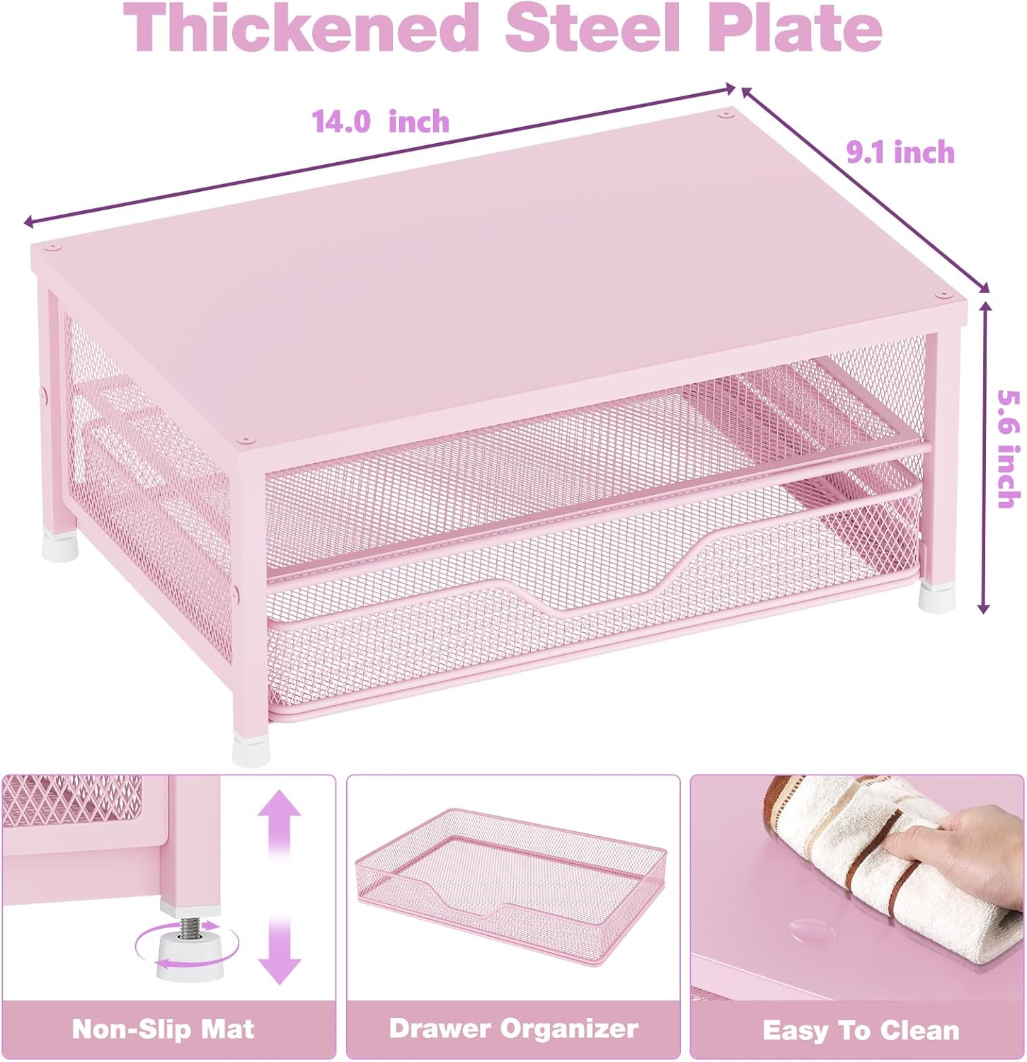 OPNICE Computer Monitor Stand Riser, Desk Organizer with Drawer, Laptop Stand, Office Desk Accessories & Workspace Desktop Organizers Storage for Office Supplies(Pink)