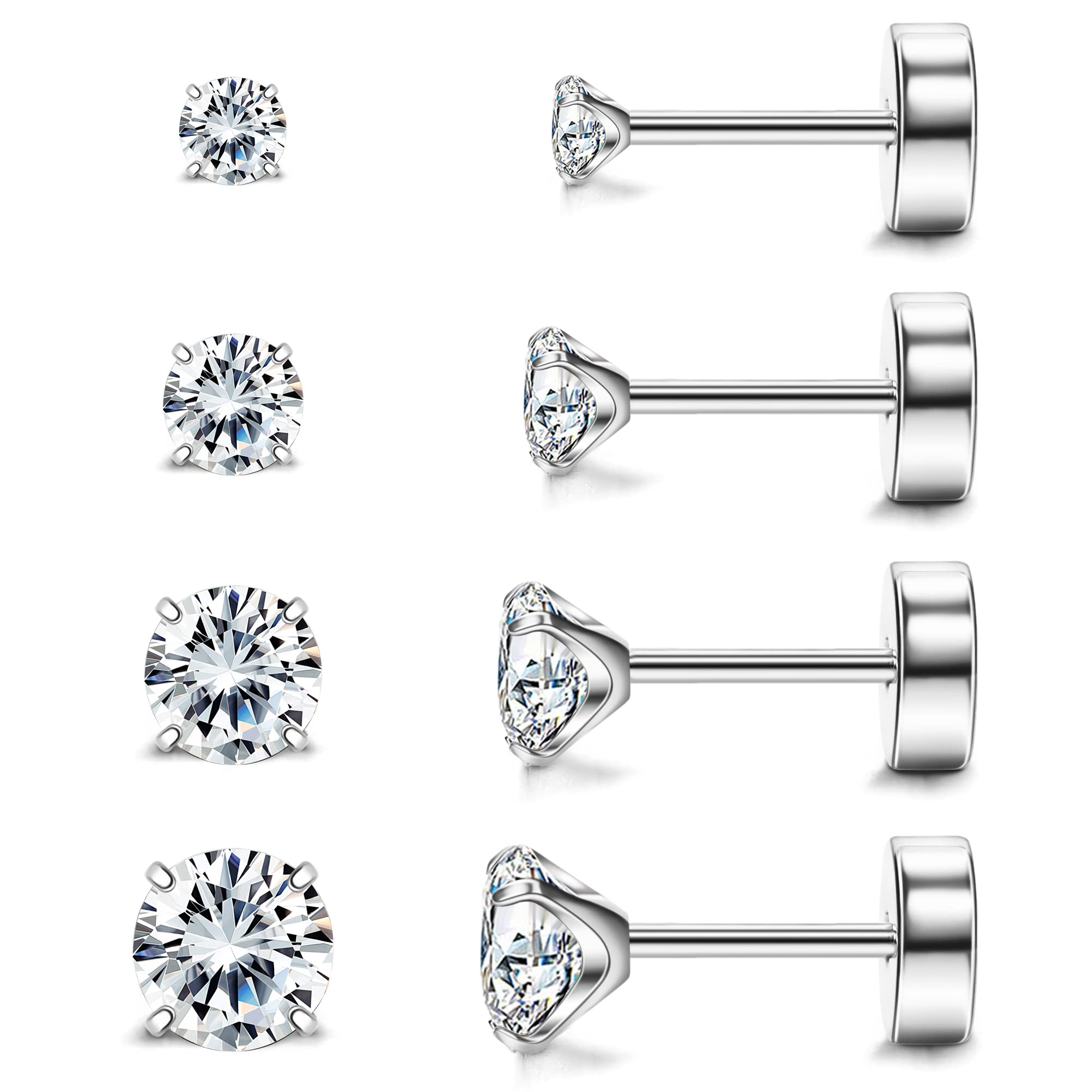 MJust Titanium Earrings for Women Men 20G Flat Back Earrings 2-5MM Cubic Zirconia Hypoallergenic Earrings for Sensitive Ears