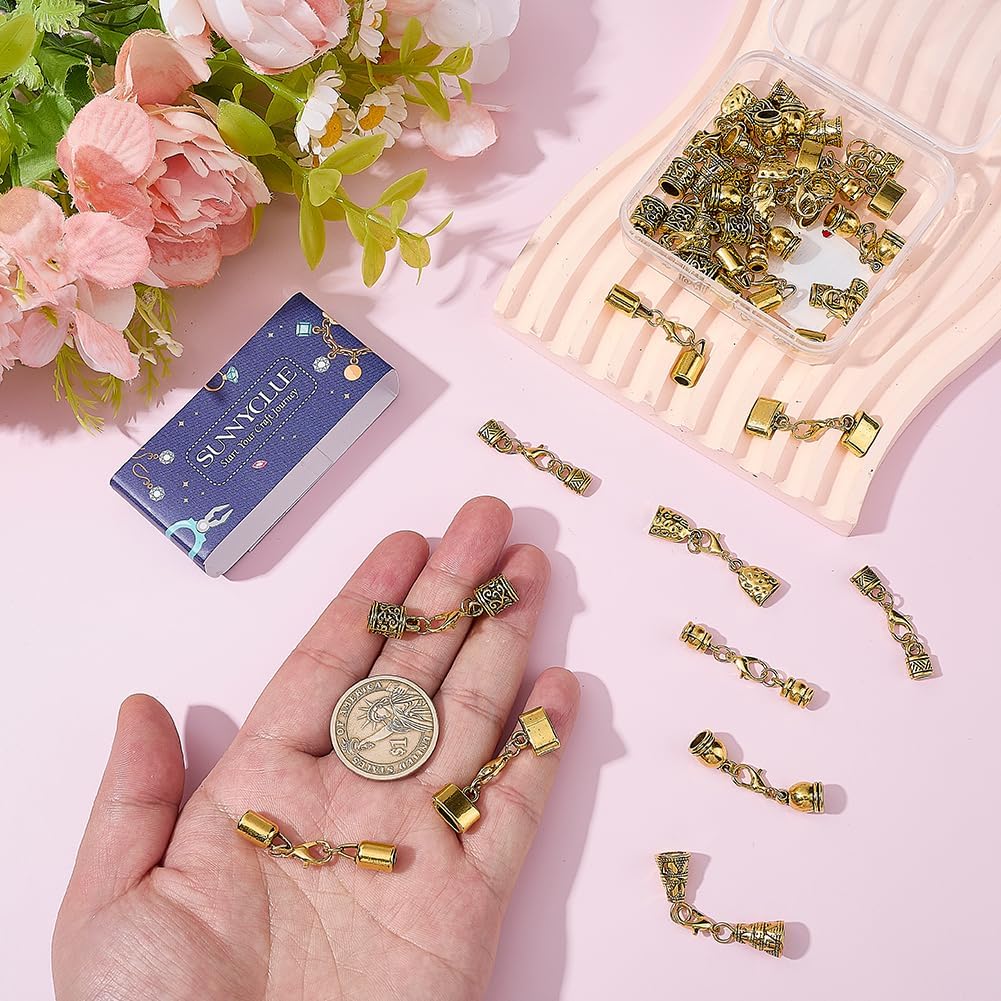 SUNNYCLUE 1 Box 32Pcs 8 Styles Leather Cord End Caps Kumihimo Cord End Caps with Lobster Clasp Alloy Metal Gold Glue in Crimp Column Clasps Findings for Jewelry Making Necklace Bracelets Anklet