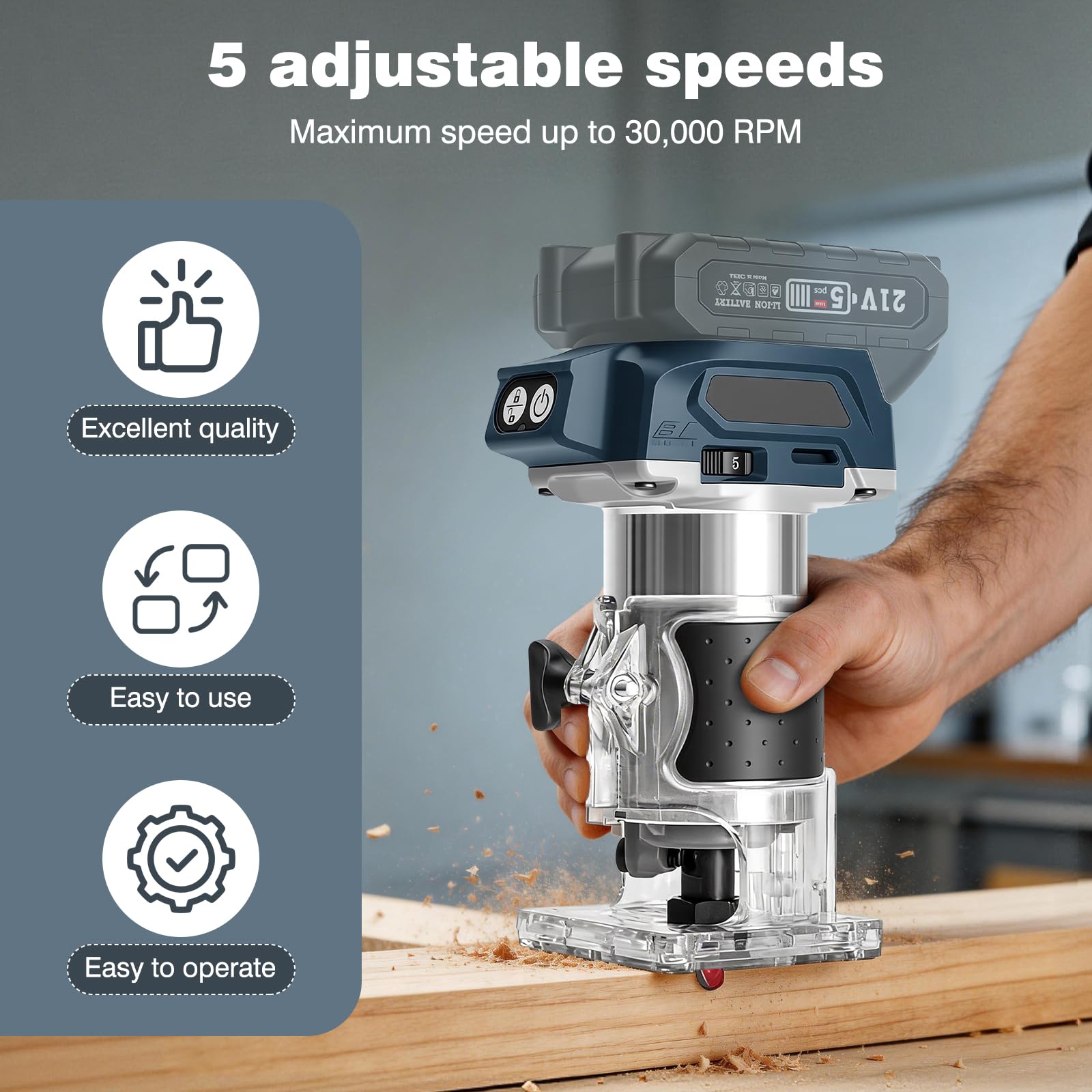 Bois Défonceuse Affleureuse compatible avec Bosch 18V Batterie, 800 W Fraise à bordure sans fil, Routeur à Bois Électrique sans fil avec 5 vitesses, fraise à bords sans balais (sans batterie)