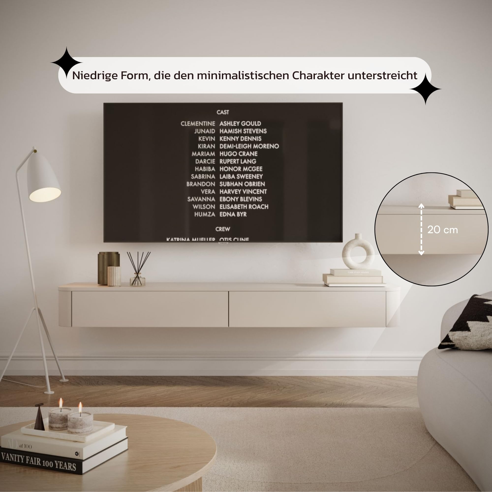 Selsey Hängendes TV-Lowboard 175 cm – Minimalistisches TV-Schrank in Kaschmir-Matt, mit Stauraum – Elegantes TV-Board für Wohnwand Wohnzimmer, MDF & Spanplatte, Kaschmirgrau
