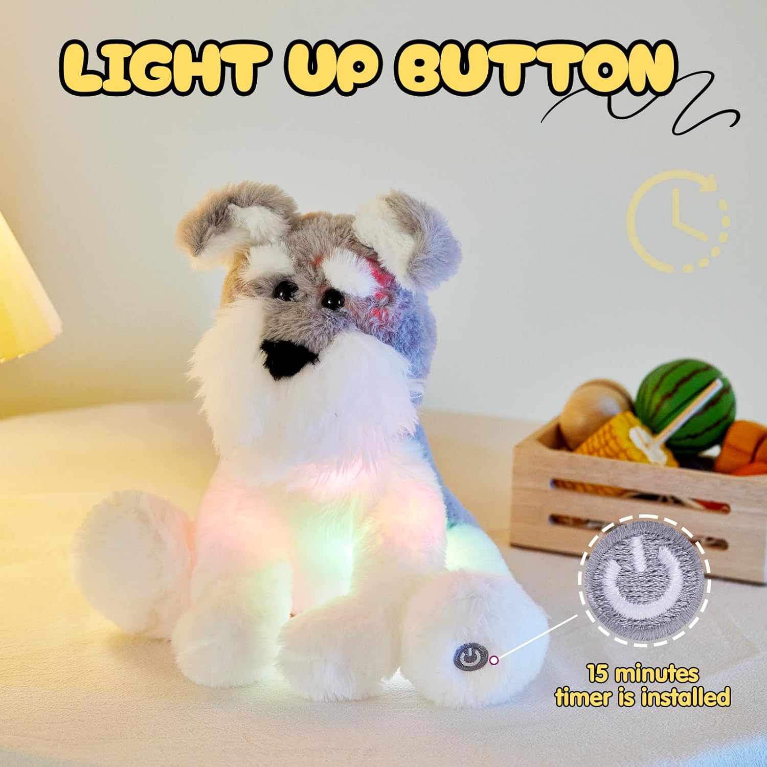 Light Up Schnauzer Plush Toy – Soft Glowing Dog Stuffed Animal Toys, Cuddly Schnauzer Stuffed Animal, Cute Schnauzer Plush Pillow Gift for Kids,Girls,Boys,11''