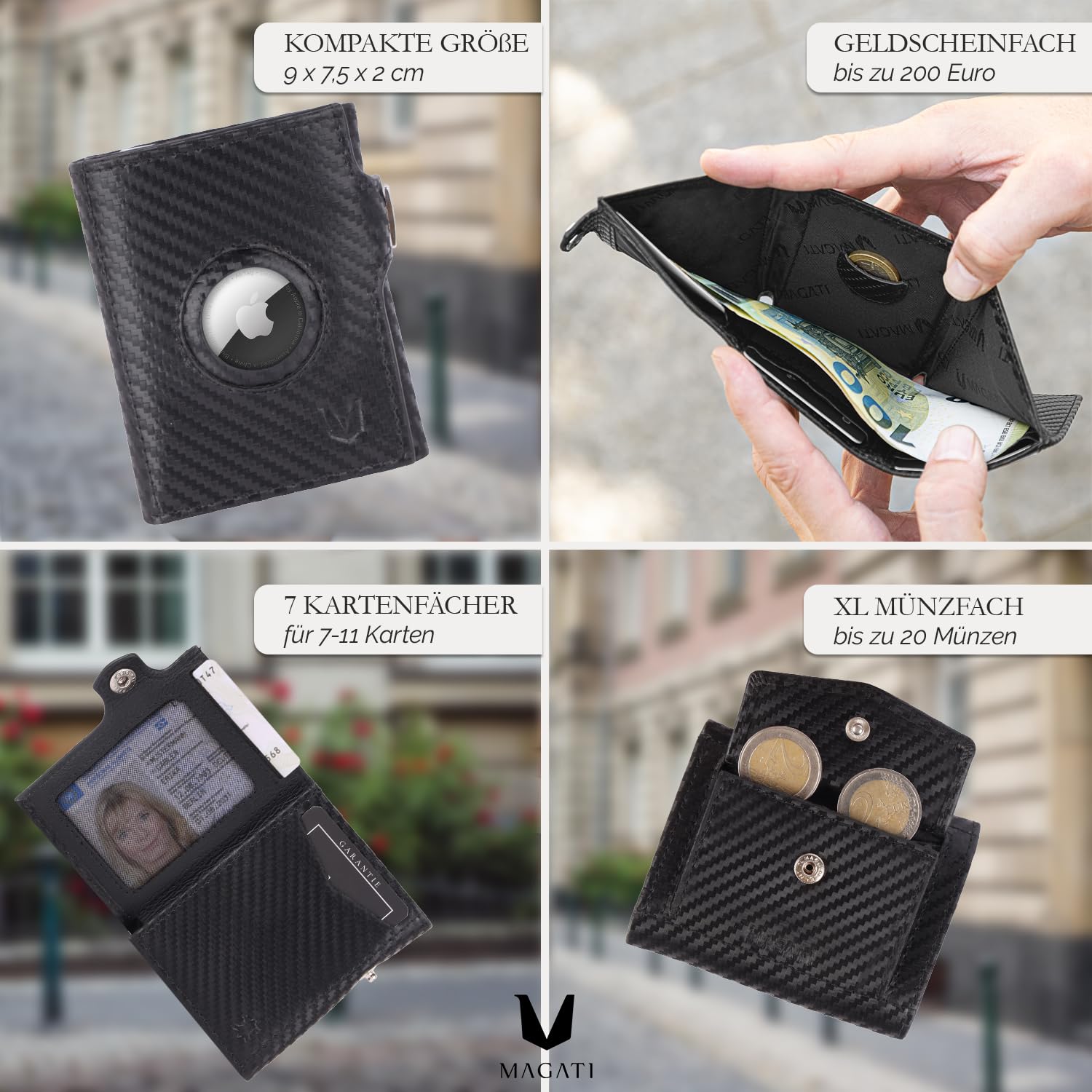 MAGATI Portafoglio sottile con scomparto per monete, protezione RFID – Mini portafoglio da uomo e donna piccolo – il Santo porta carte – porta carte di credito – scomparto per carrello della spesa –