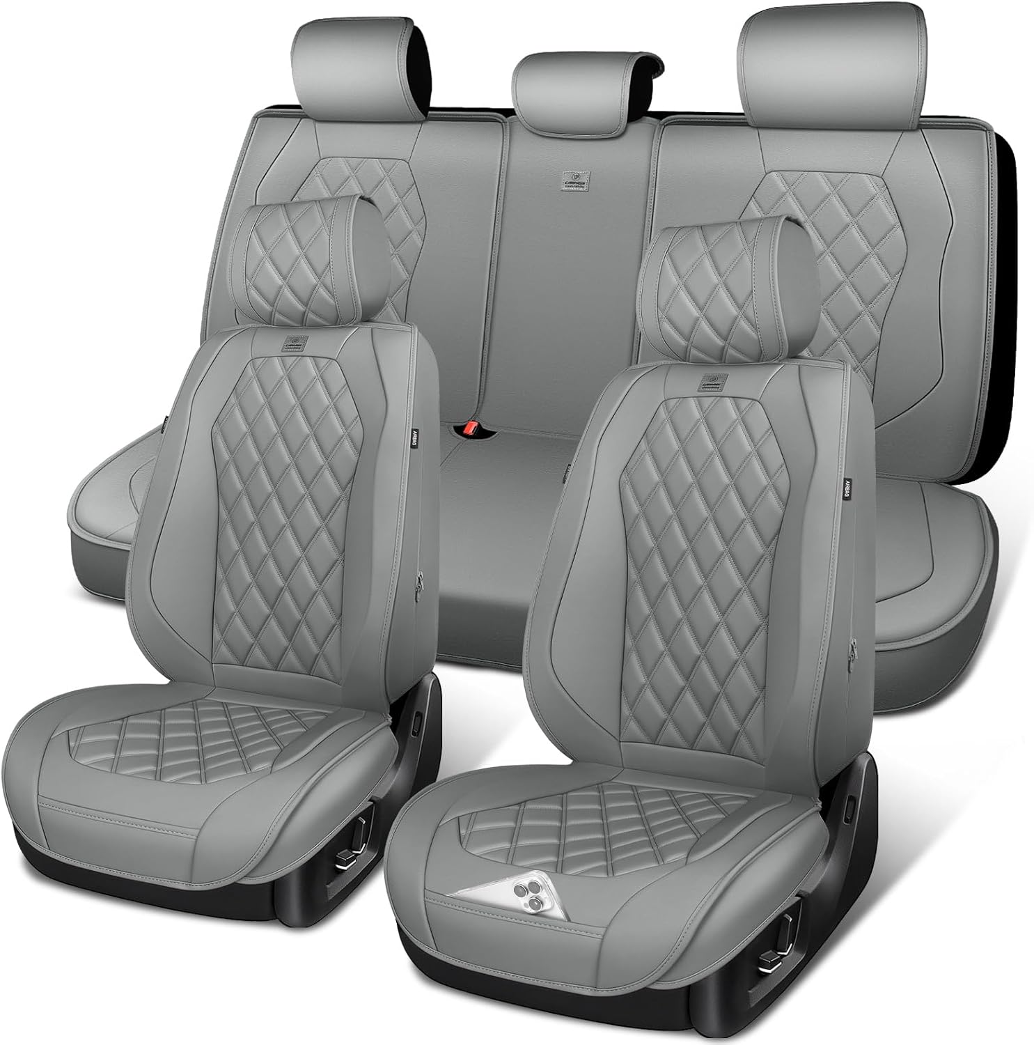 CAR PASS Luxury Nappa Leather Seat Covers Full Set, 3D Rhombus Waterproof Faux Leather Seat Covers, Premium Automotive Seat Cushion Universal Fit for Sedan SUV Truck Van,Airbag Compatible Burgundy Red