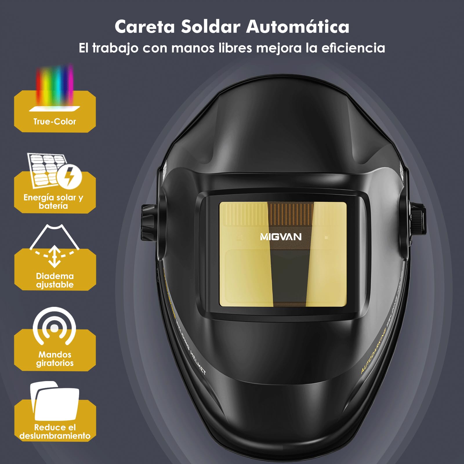 Careta Soldar Automática True-Color – 0,3 ms de oscurecimiento, Solar y batería, Careta de soldar, DIN 4/9–13, 93×43 mm – Máscara soldar Ligera para MIG TIG MMA ARC, H-11