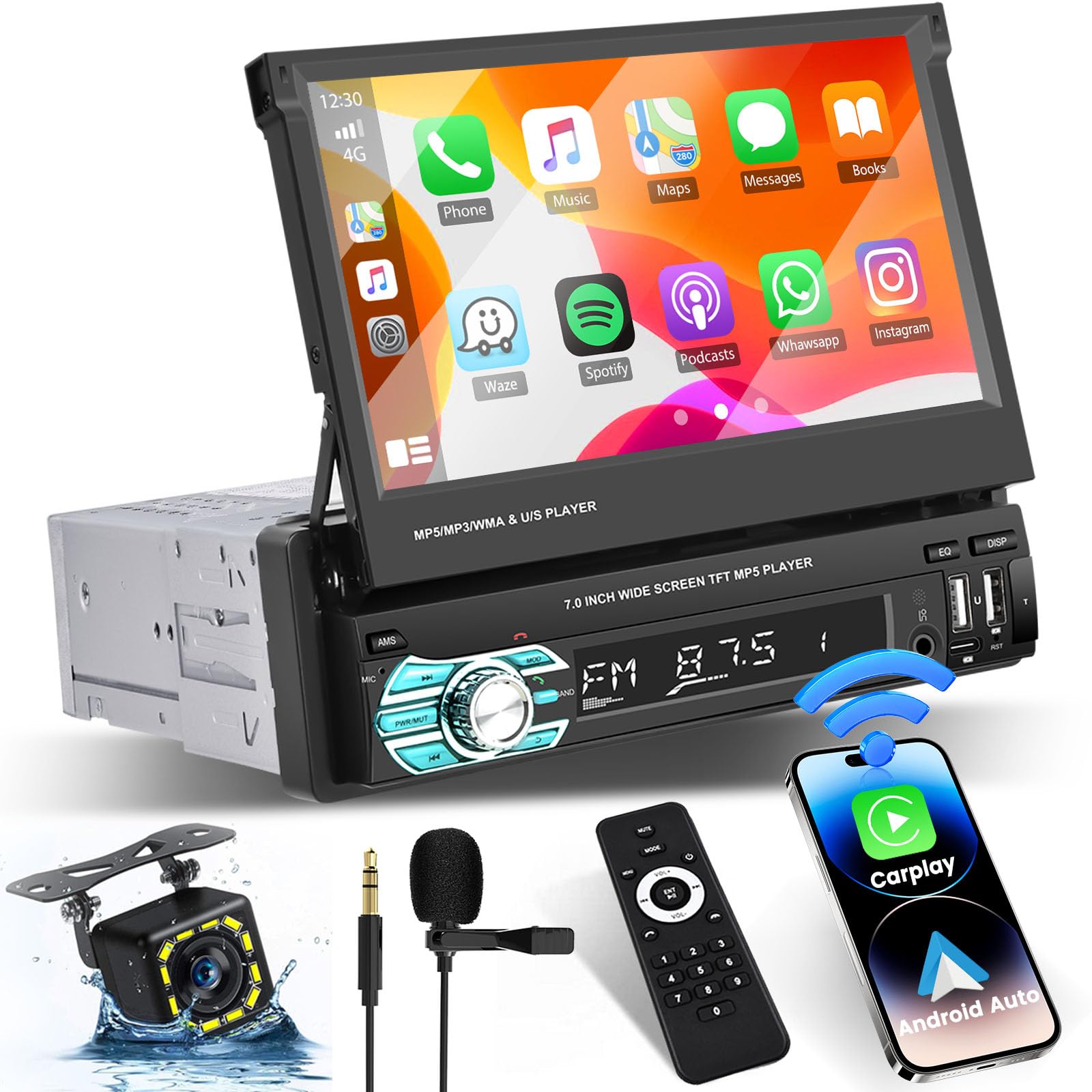 Autoradio 1Din Wireless Carplay Android Auto mit Ausfahrbarem 7" Bildschirm Autoradio Stereo mit Bluetooth-Freisprecheinrichtung USB Typ-C Schnittstelle AUX FM RDS Mirror Link Rückfahrkamera