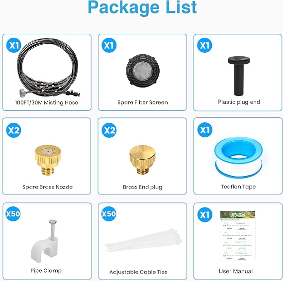 Bonviee Misters for Outside Patio, 100FT Misting Cooling System for Patio, 100FT (30M) Misting Line+28 Mist Nozzles+3/4 Brass Adapter, Pre-Assembled Garden & Greenhouse Watering System