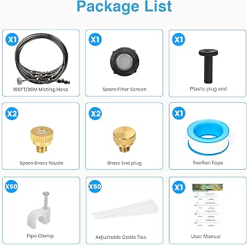Bonviee Misters for Outside Patio, 100FT Misting Cooling System for Patio, 100FT (30M) Misting Line+28 Mist Nozzles+3/4 Brass Adapter, Pre-Assembled Garden & Greenhouse Watering System