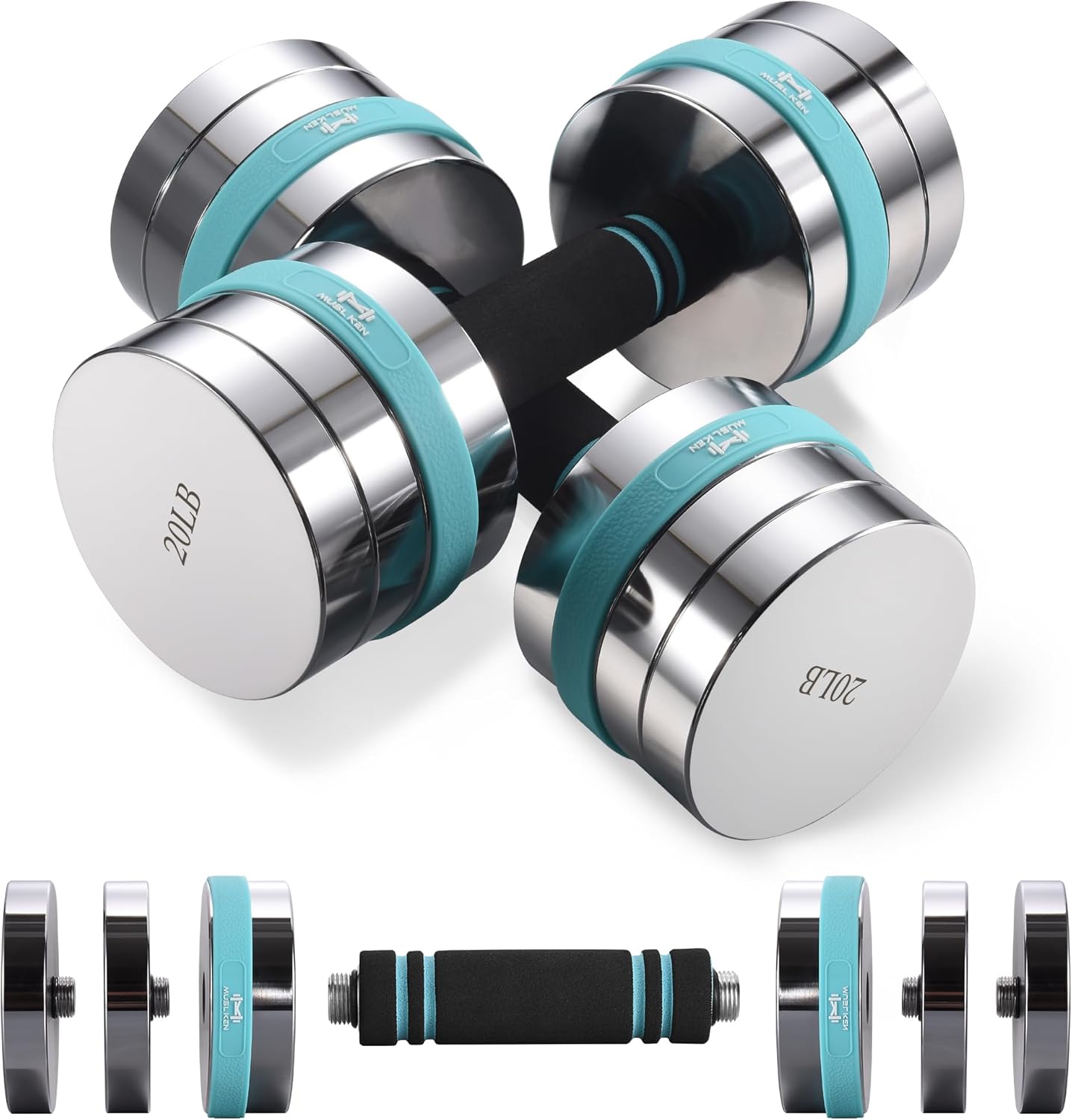 Solid Steel Dumbbell Set of 2, 20lb/40lb Pair Mirror Polished Chrome Weights, [10lb or 20lb] Each Ultracompact Dumbbells with Ergonomic Non-Slip Grip Handle, Fitness Hand Weights for Home Gym (Optional Extension Bar Available)