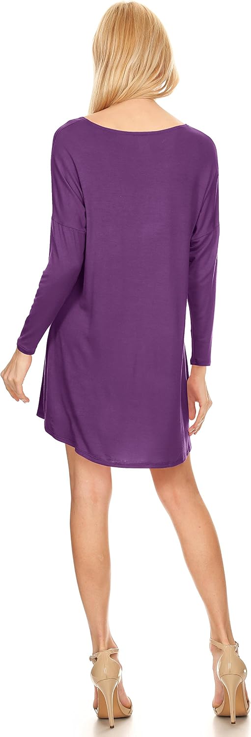 Women's Basic Tunic A-line Casual Short Dress, Long Sleeves, Round Neck, Made in USA