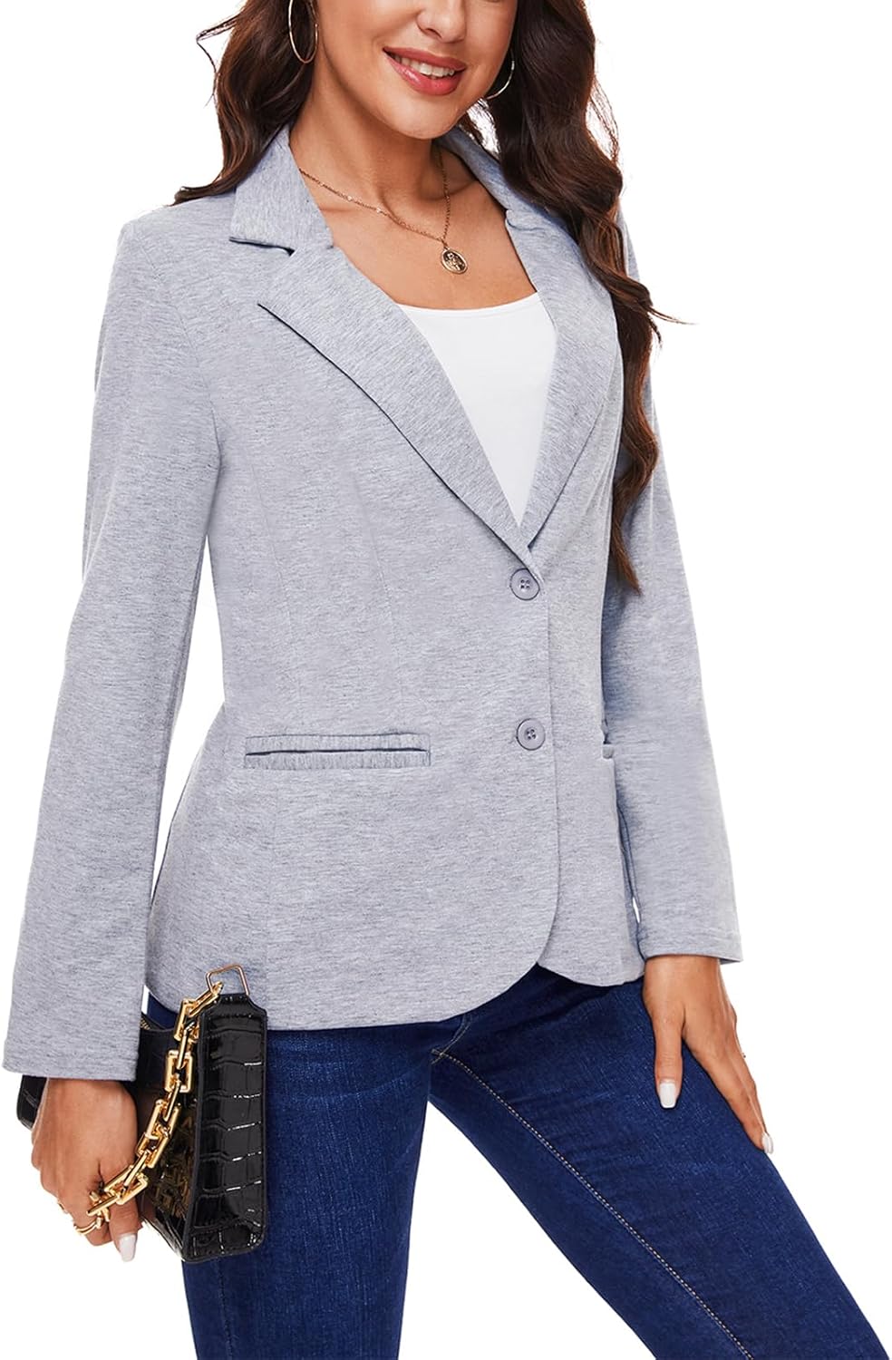 MINTLIMIT Womens Casual Long Sleeve Button Front Blazer Office Work Button Jackets with Pocket (Grey Blue, Size L) - Image 5
