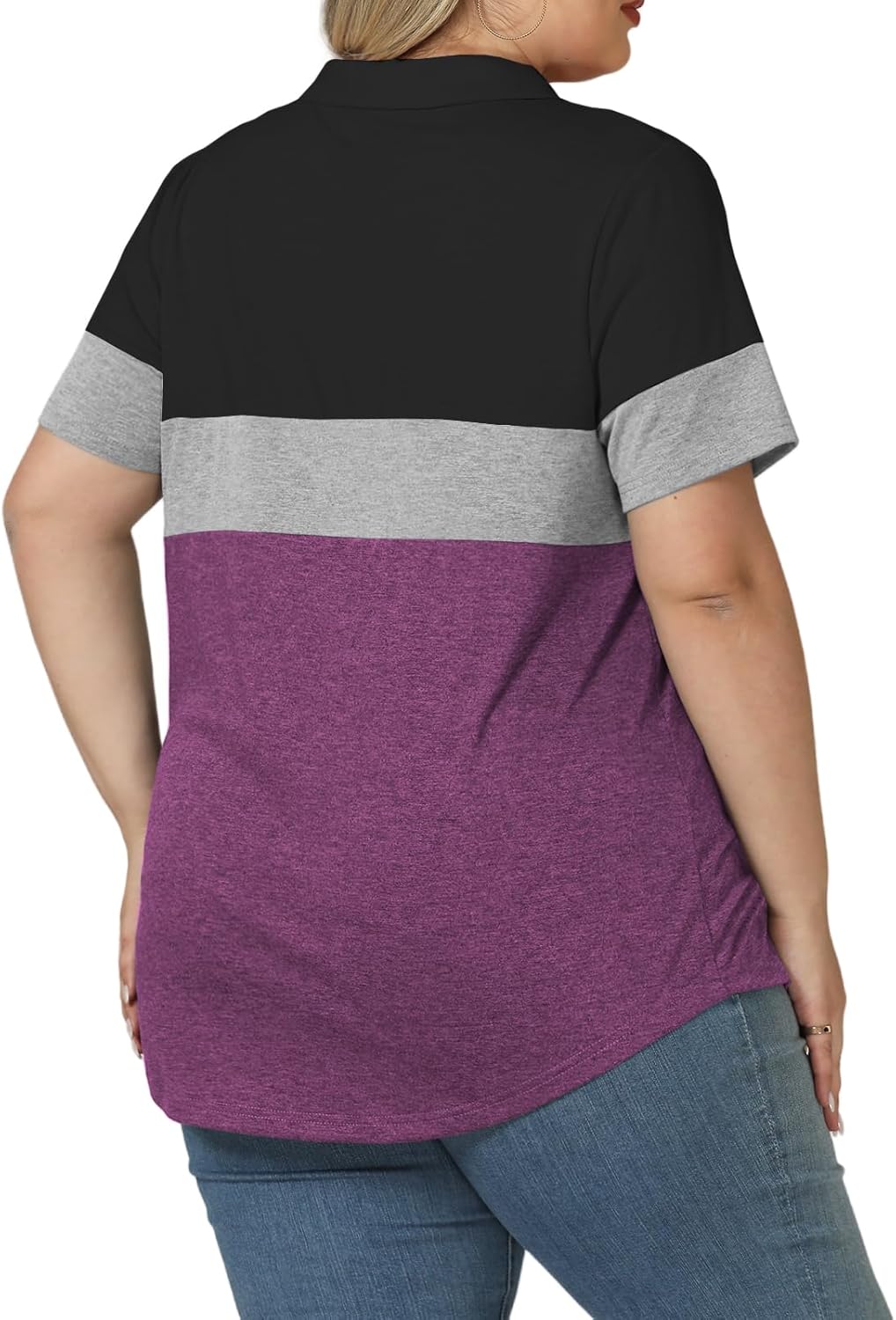 ROSRISS Plus-Size-Tops-for-Women Summer Loose Fit Short Sleeve Casual V Neck Polo Shirts Trendy Color Block Collared Tees - Image 3