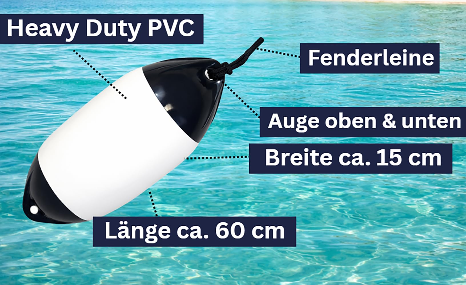 Bootsfender Langfender Heavy Duty – Robuster Stegfender für Motorboot & Yacht inkl. Fenderleine, zuverlässiger Schutz beim Anlegen 15 x 61 cm - Robuste Ausführung