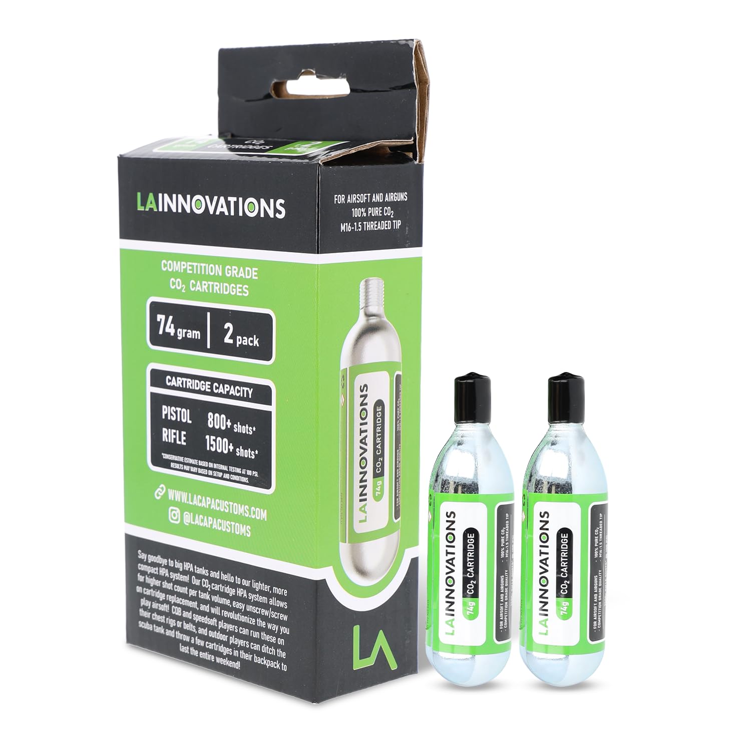 LA Innovations 74g CO2 Cartridges for Airsoft/Airgun (2), Silver