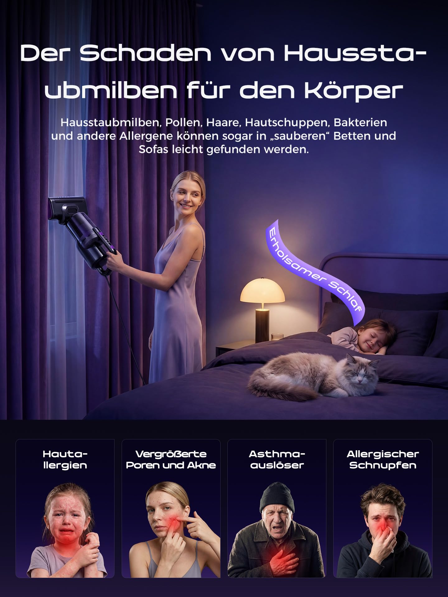 Milbensauger für Matratzen, Milbensauger mit UV-Licht & Heißluft, Matratzenreiniger mit HEPA Filter, Bürstenwalzenklopfen & Ultraschall Funktion, Für Matratzen/Sofas/Teppiche